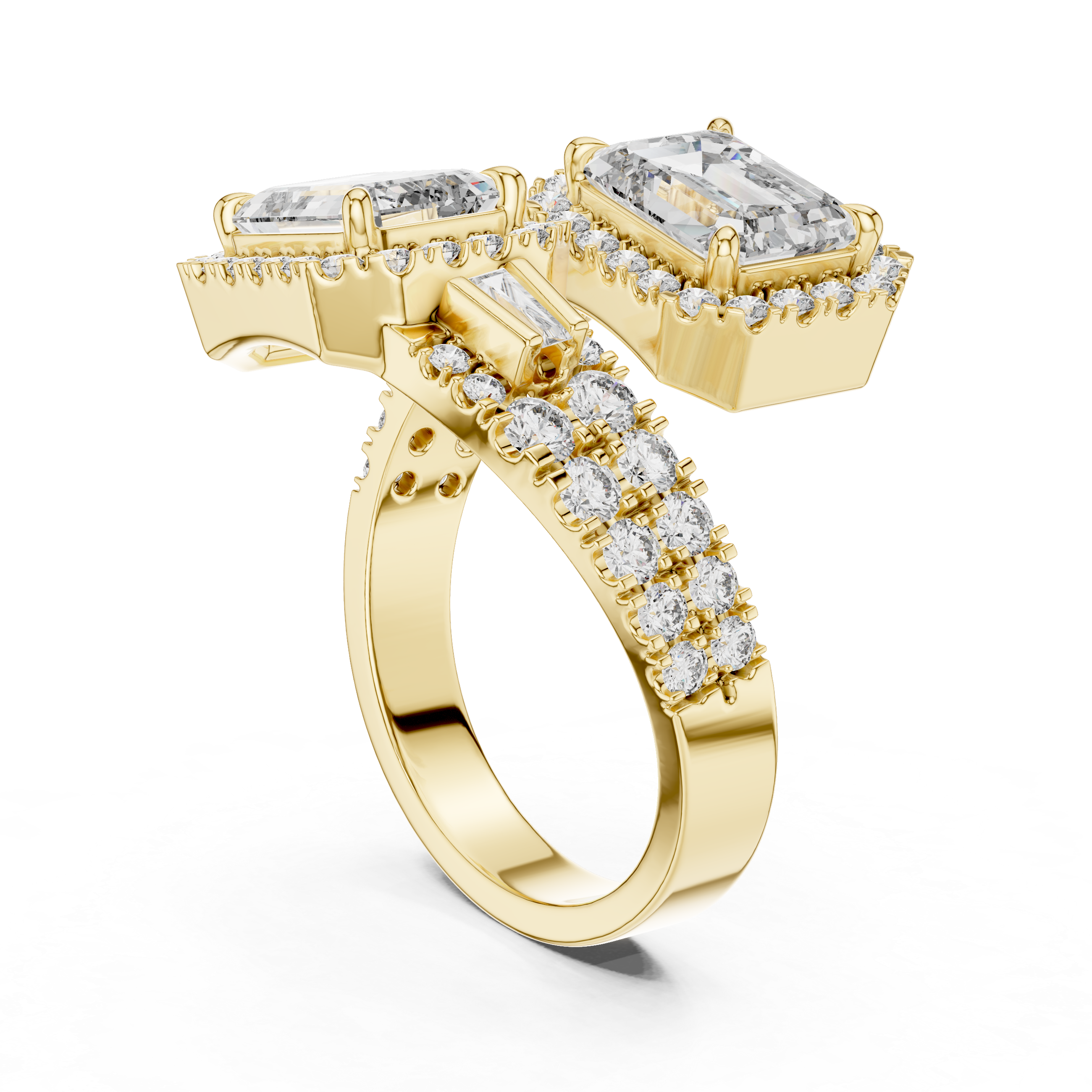 Gold ring with diamond accents on a white background