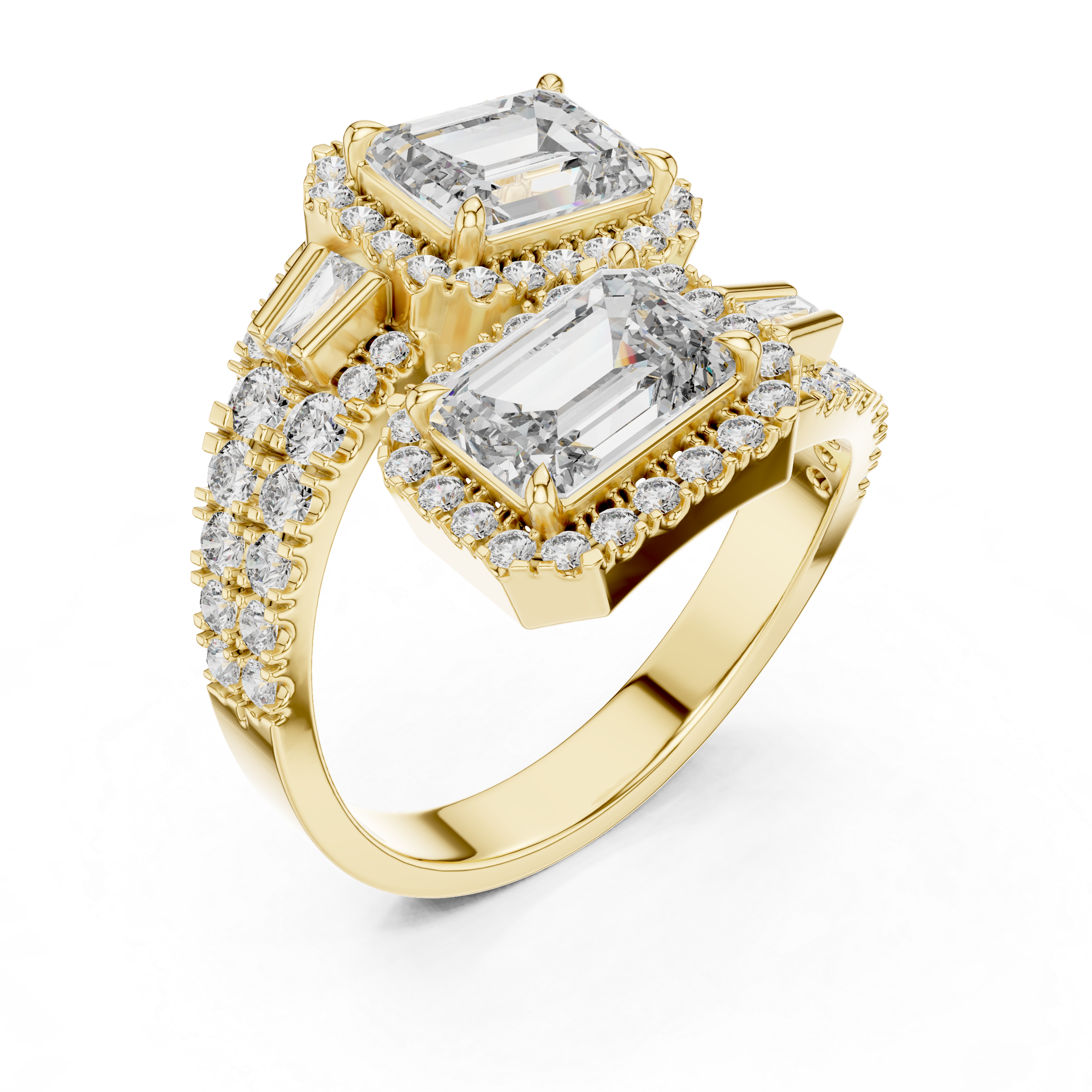 Gold ring with emerald-cut diamonds on a white background