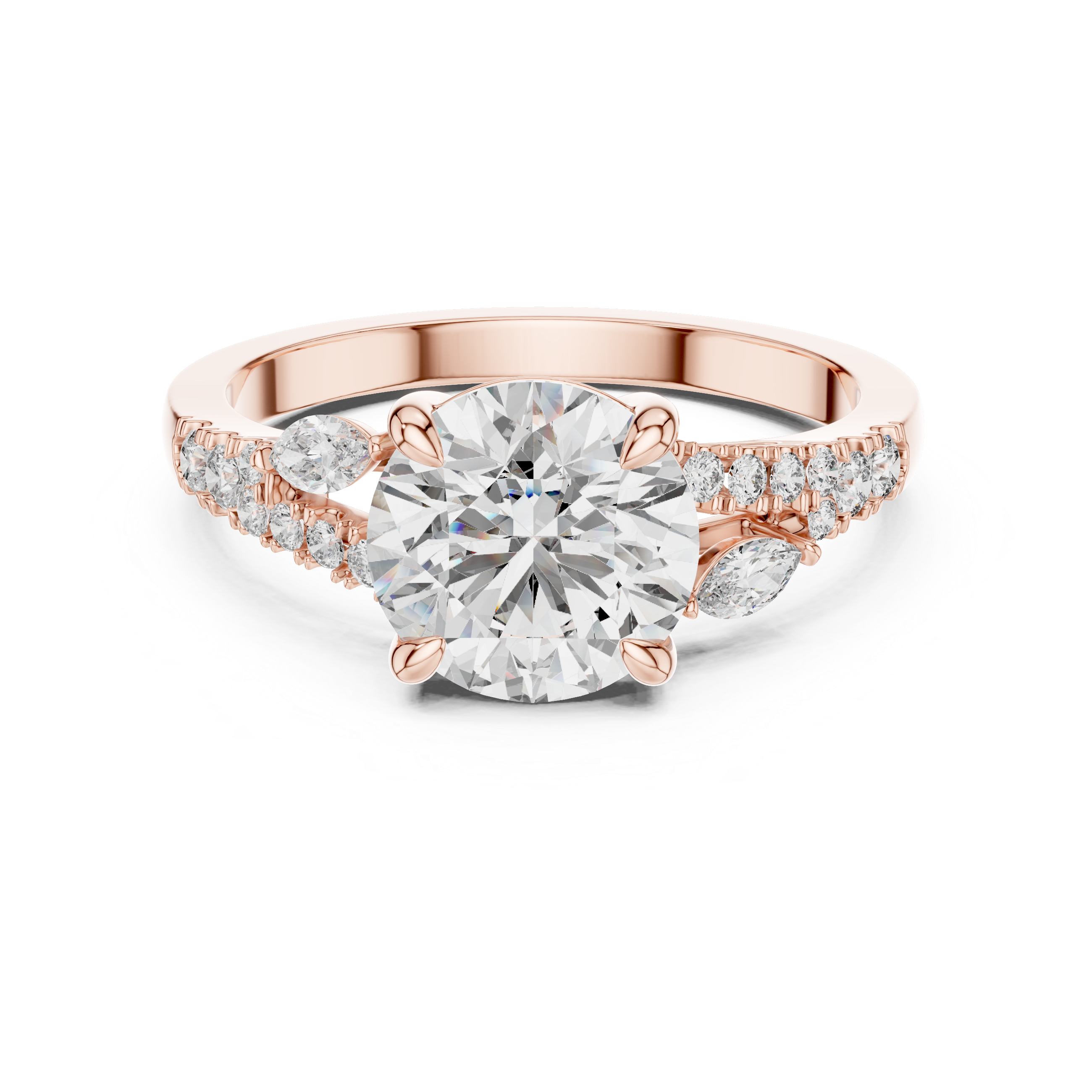 Rose gold ring with a large diamond and smaller diamonds on the sides against a white background