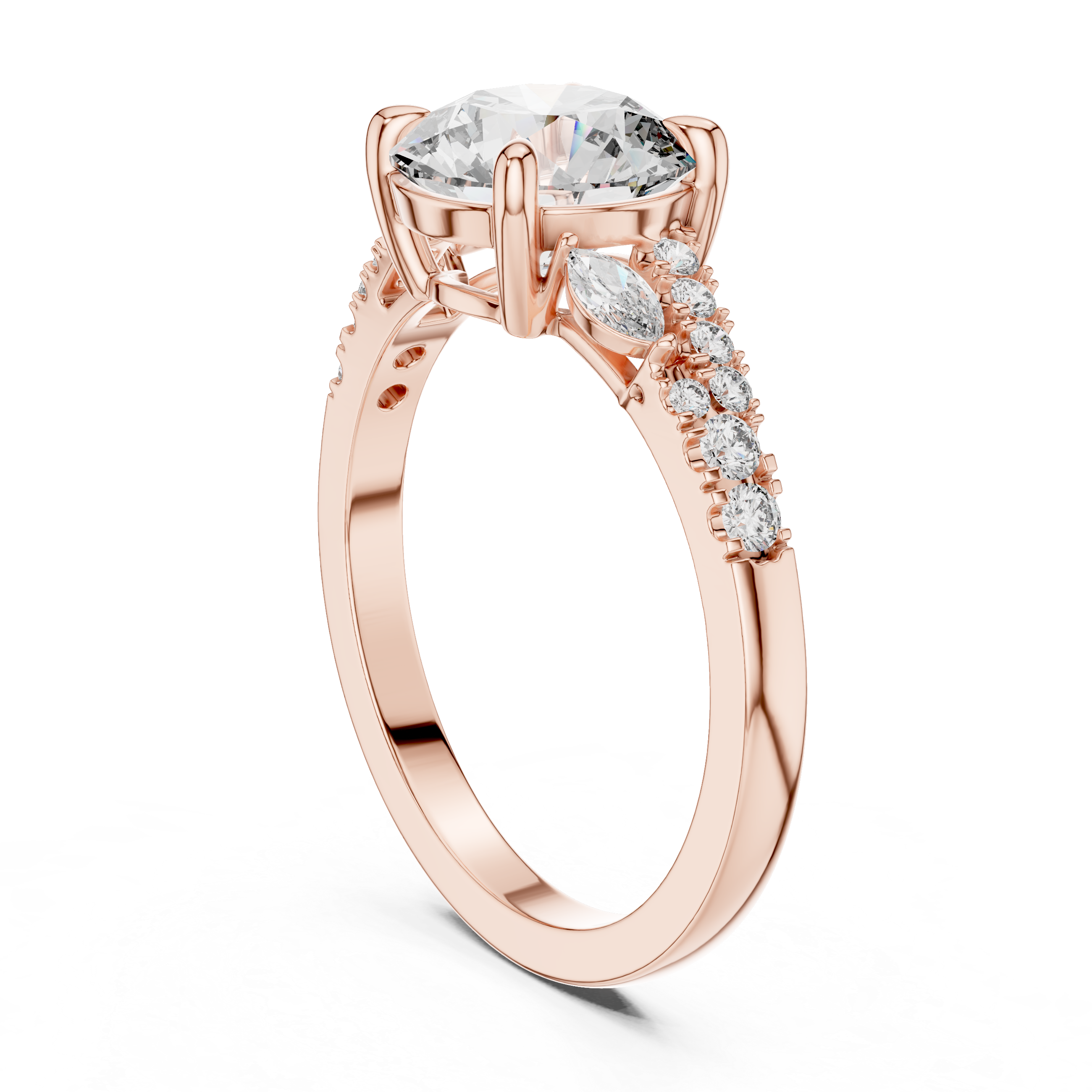 Rose gold ring with a large diamond and smaller stones on a white background