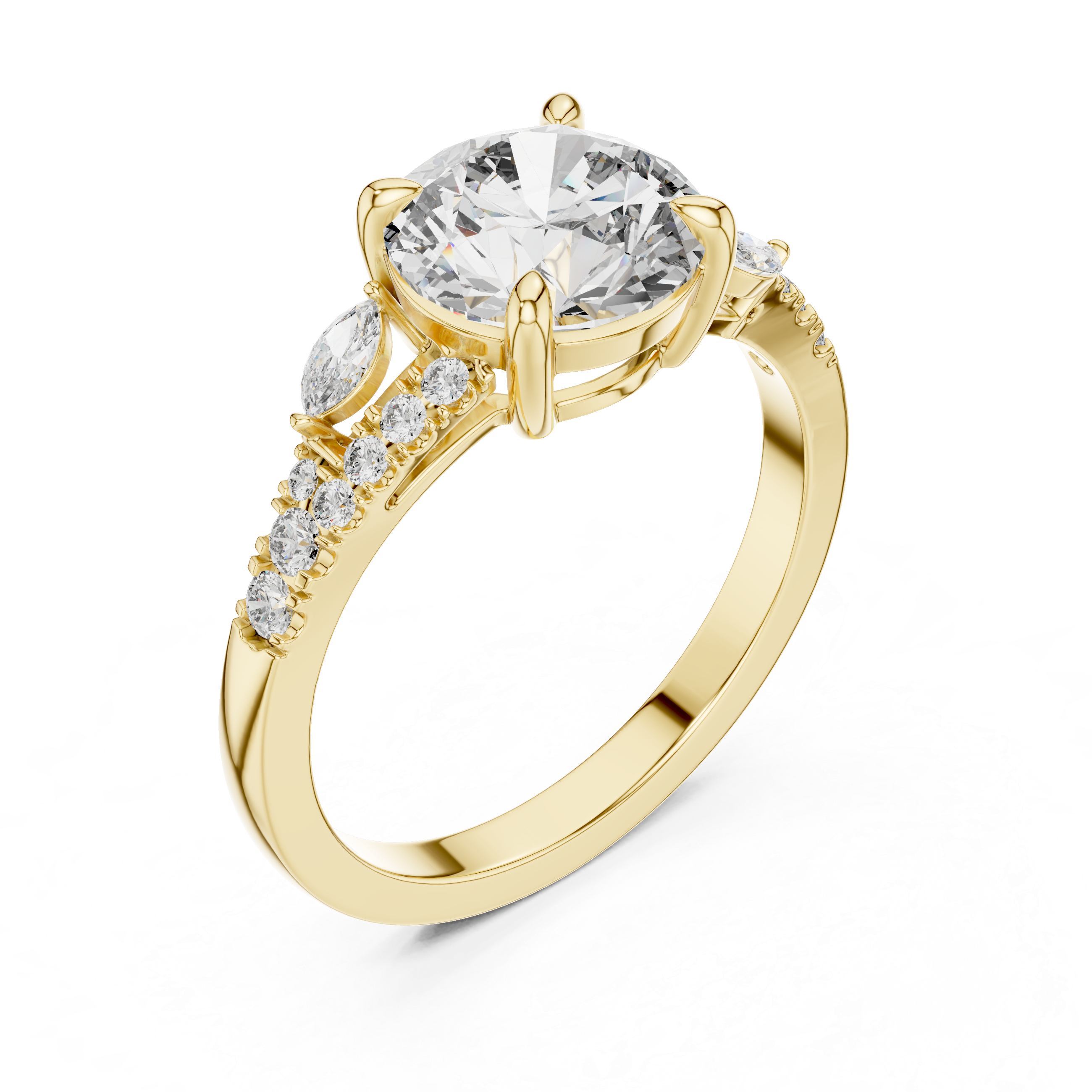 Gold ring with a large diamond and smaller diamonds on the band against a white background