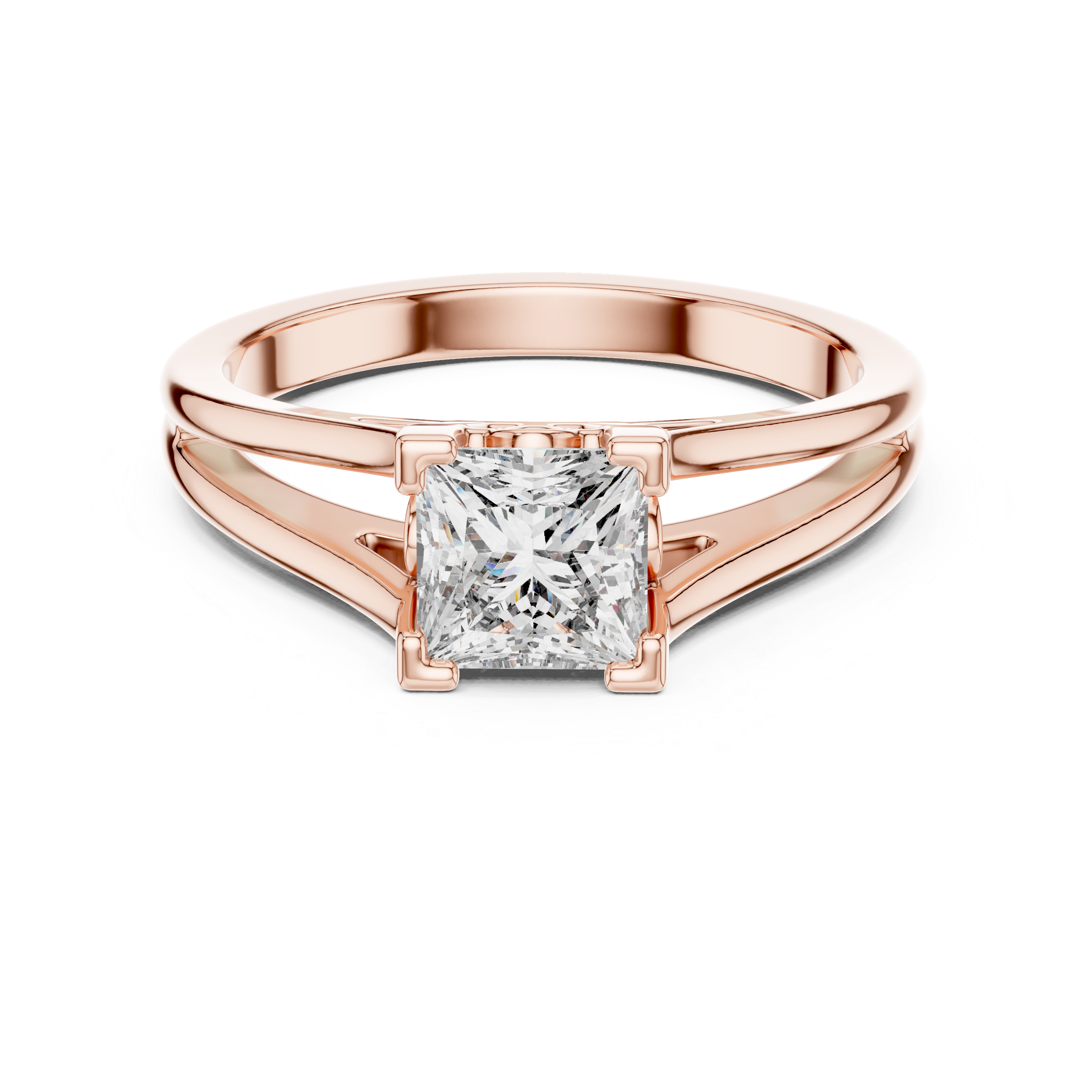 Rose gold ring with a square-cut diamond on a white background