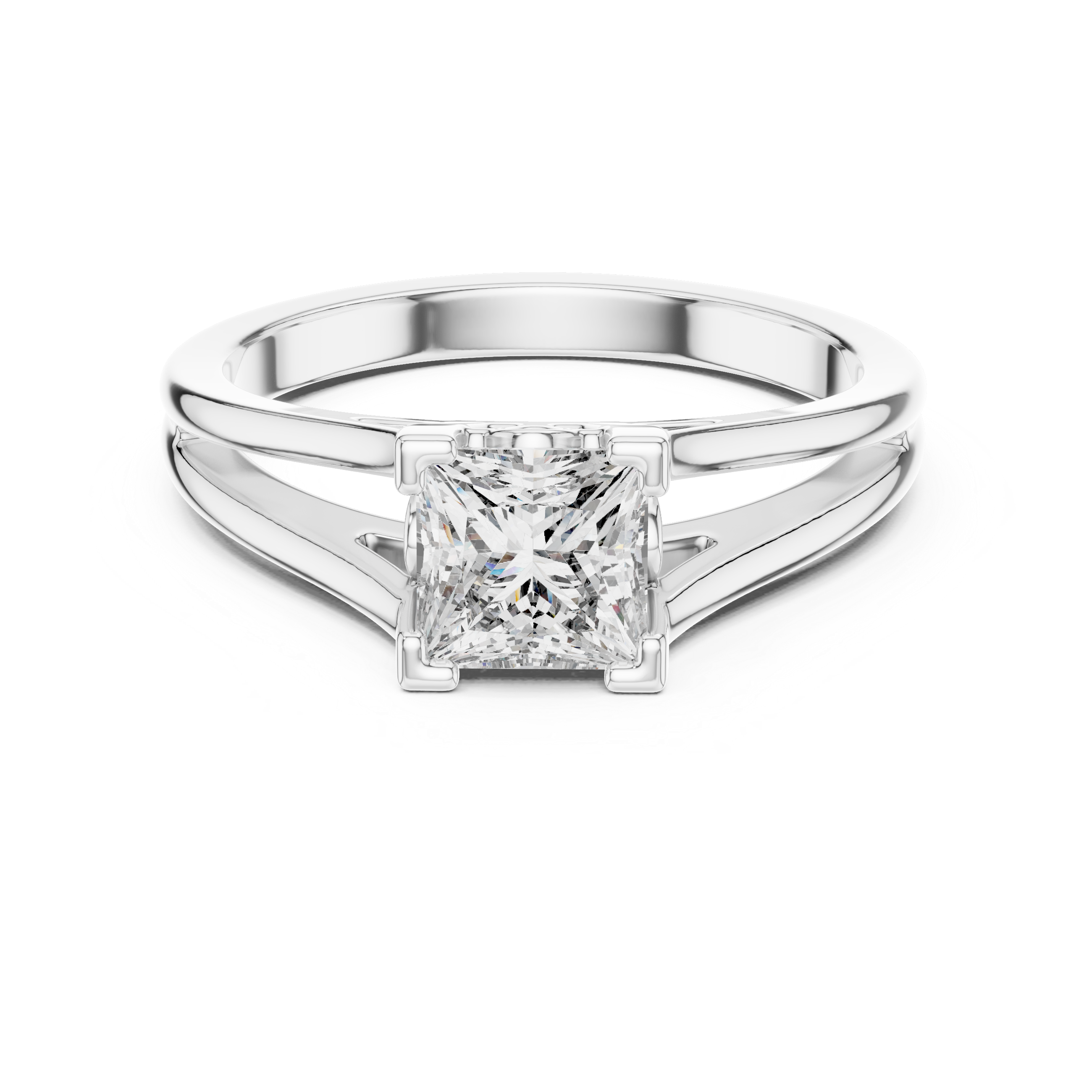 Silver ring with a princess-cut diamond on a white background