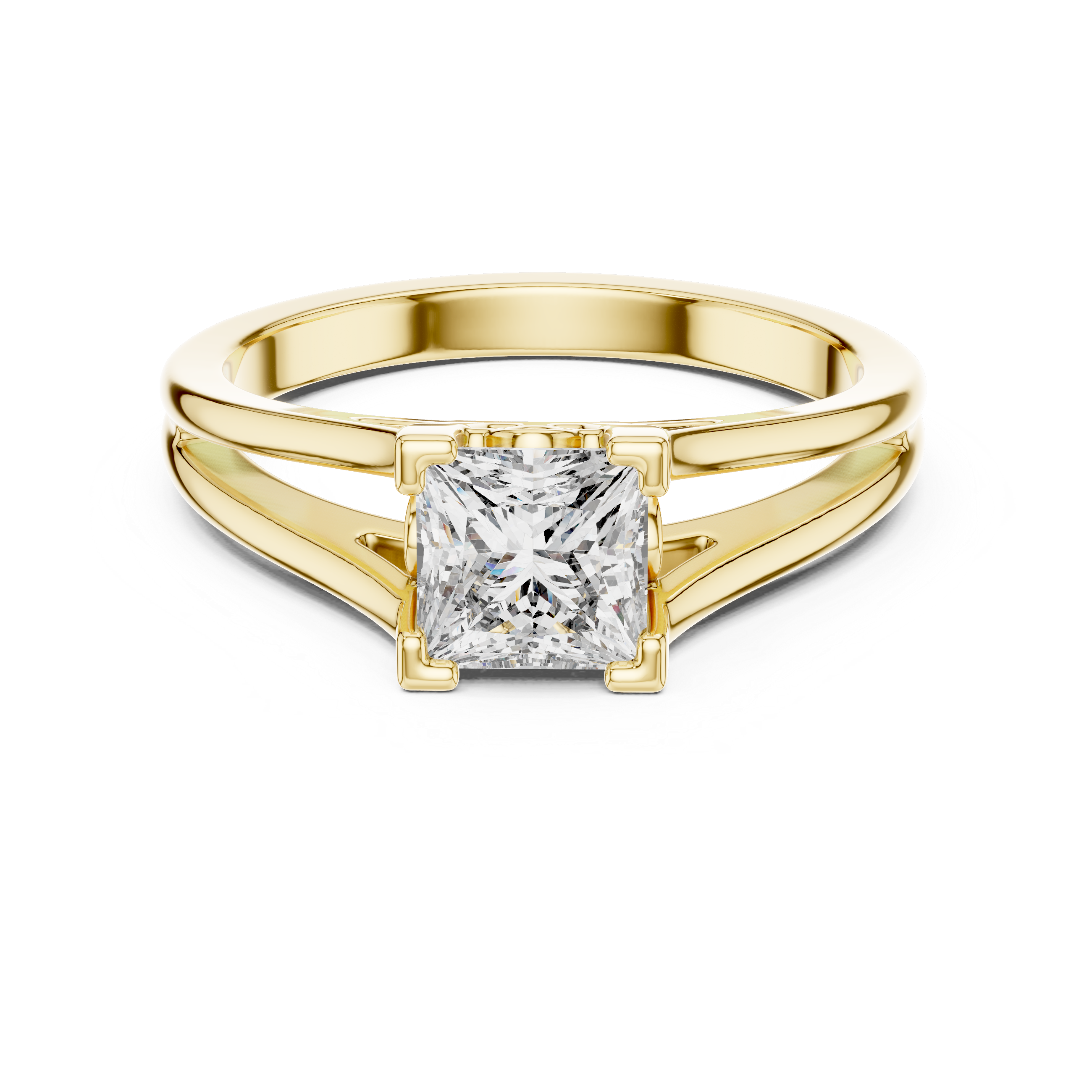 Gold ring with a square-cut diamond on a white background