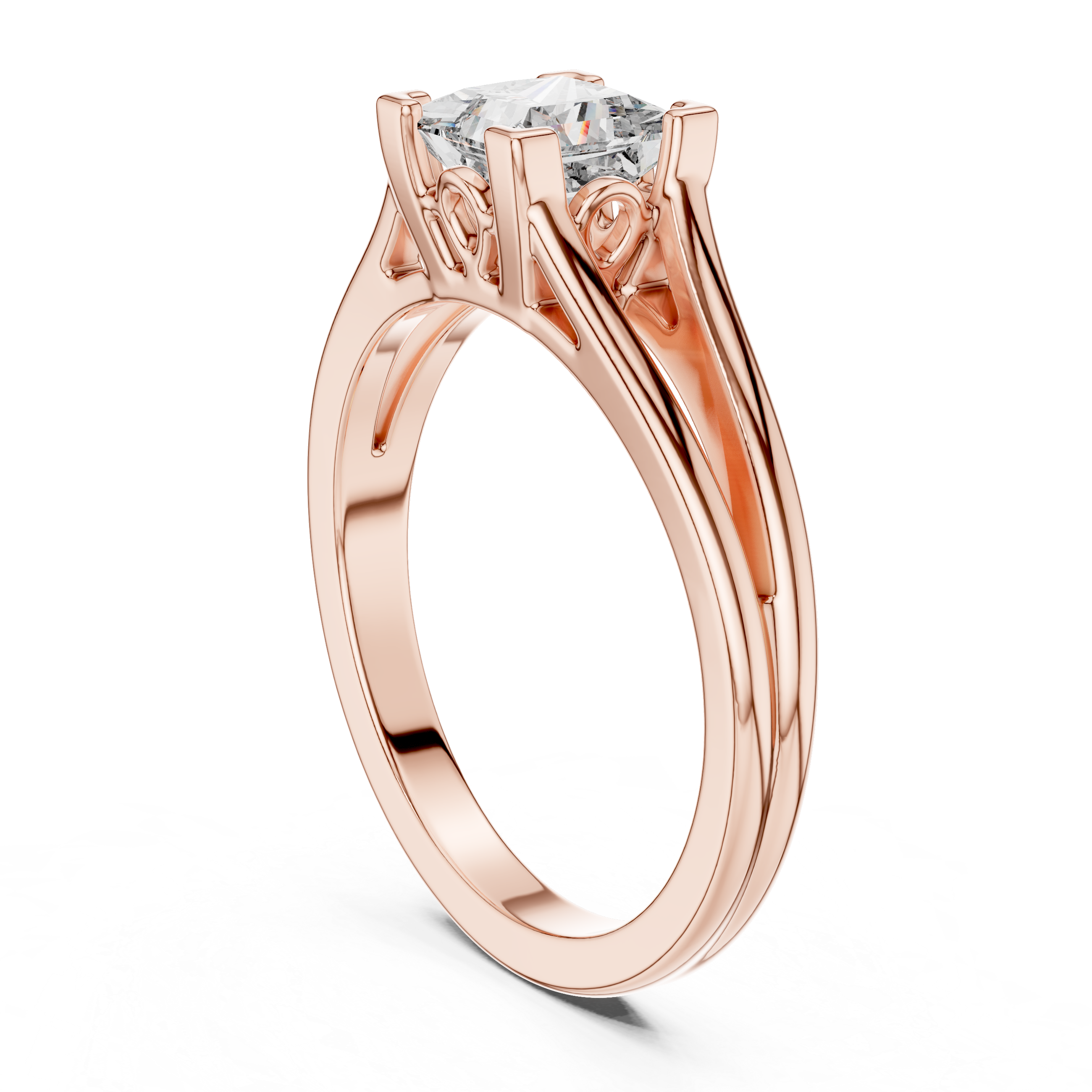 Rose gold ring with a diamond on a white background
