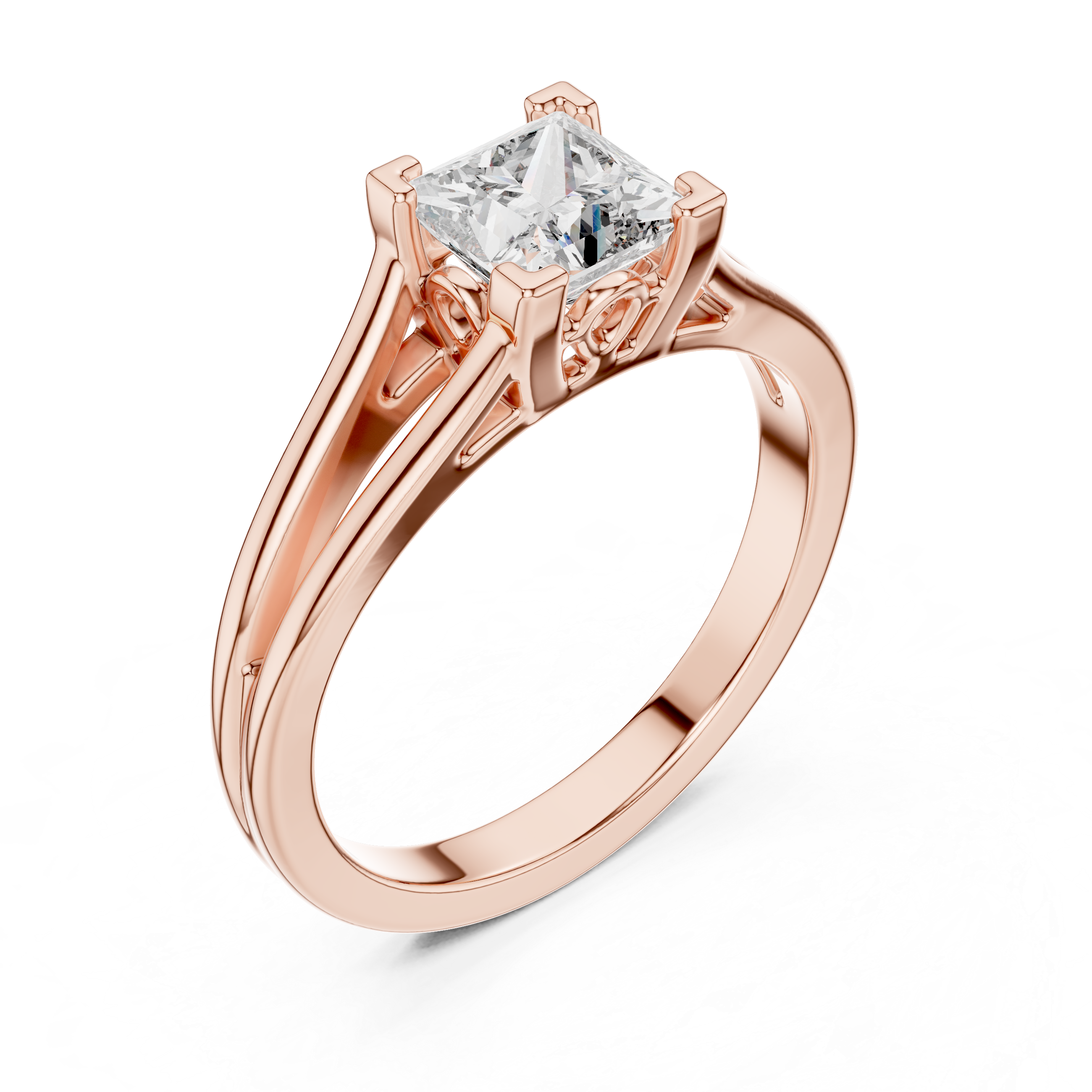 Rose gold ring with a diamond on a white background