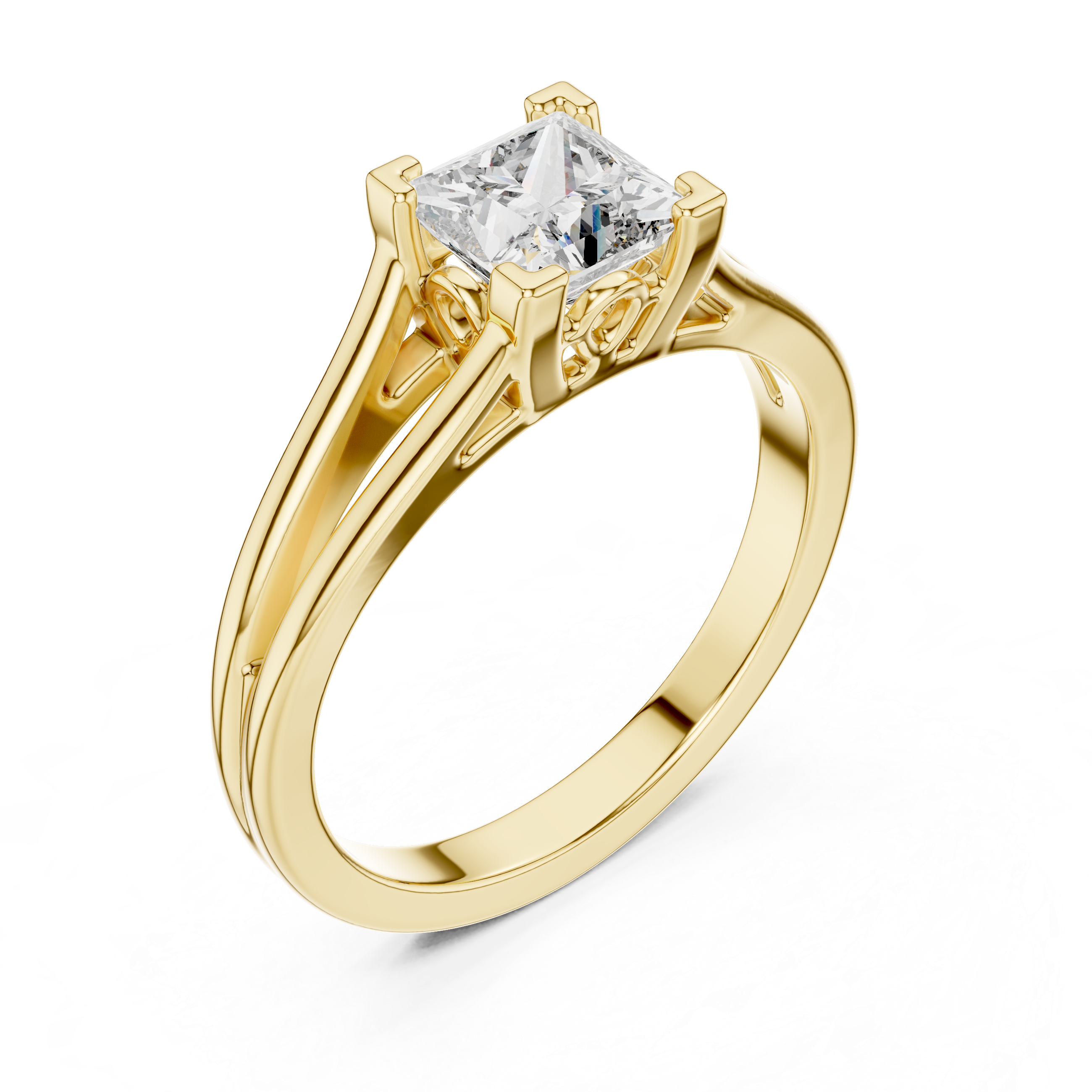 Gold ring with a square-cut diamond on a white background