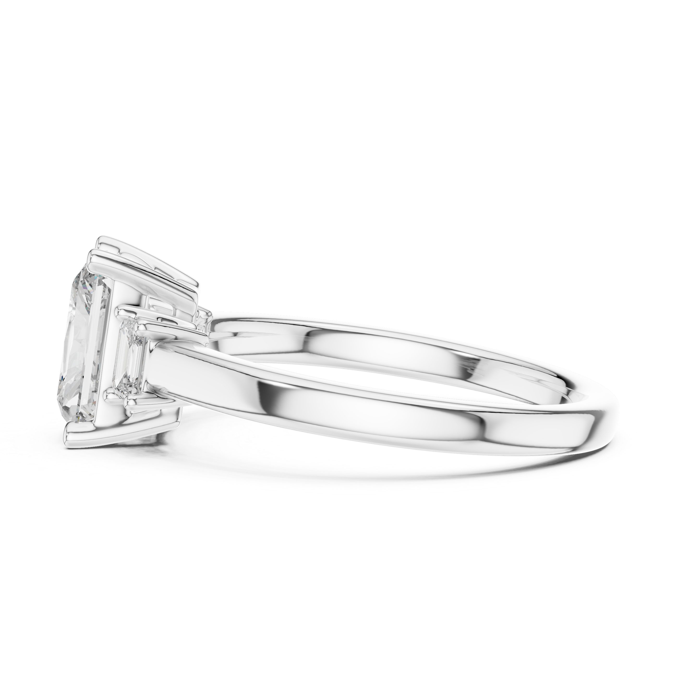 Silver ring with a large diamond on a white background