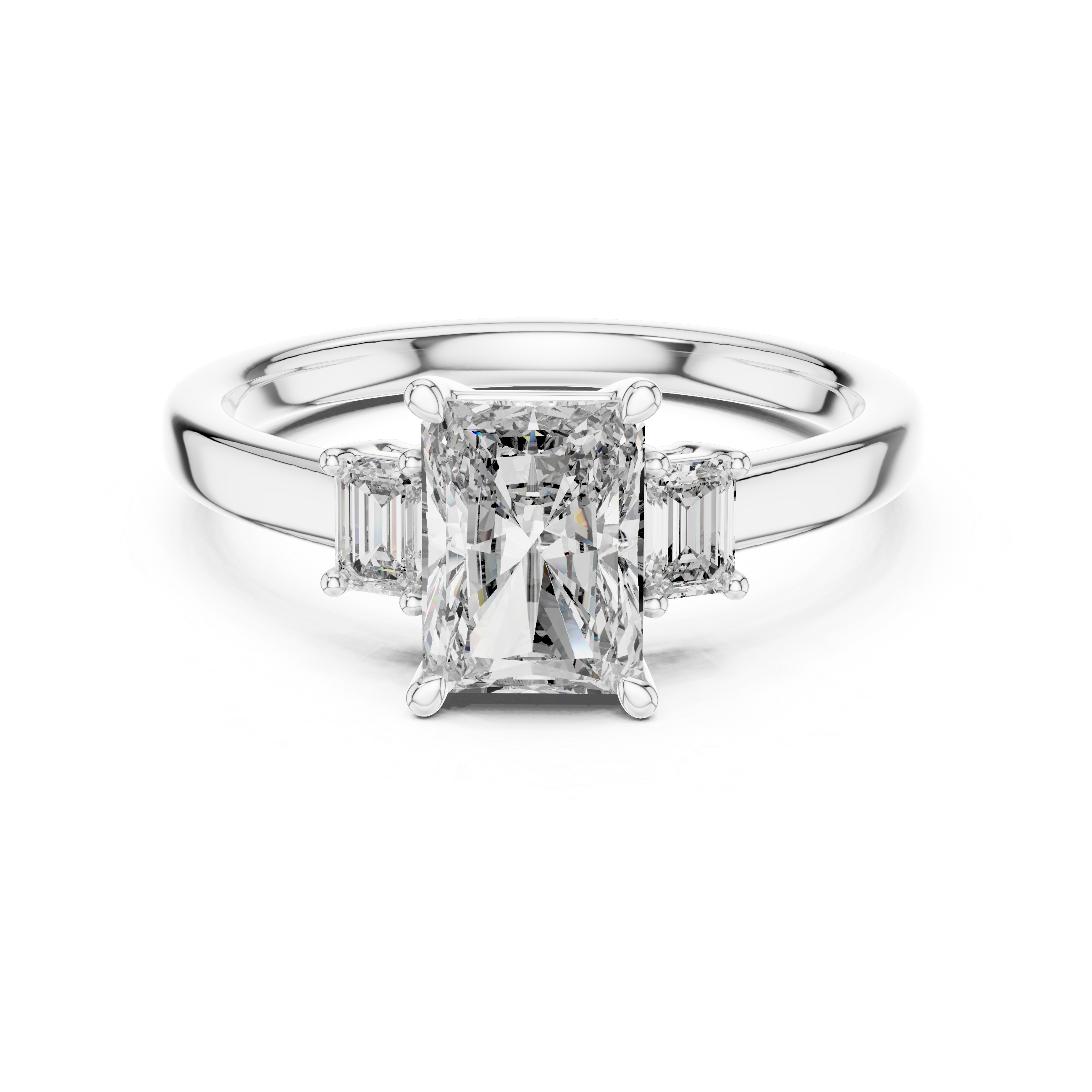 Diamond ring with a central diamond and two smaller diamonds on either side on a white background