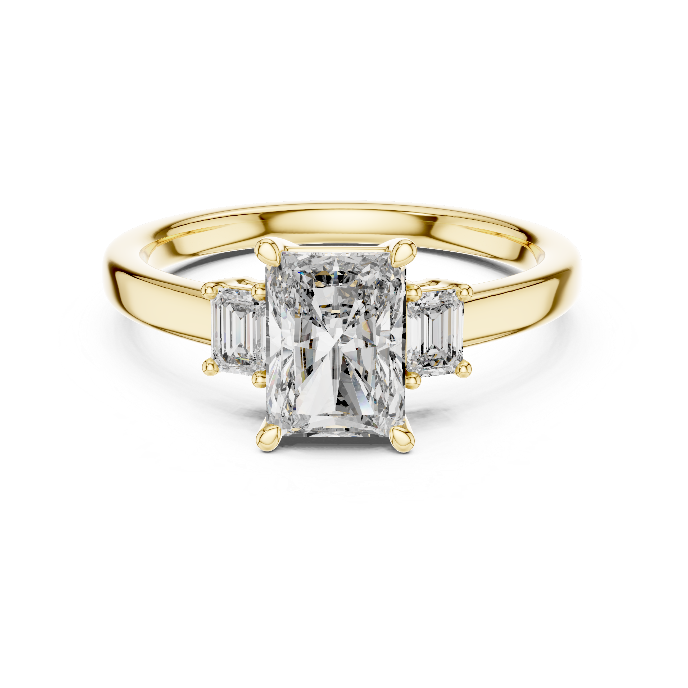 Gold ring with a central diamond and smaller diamonds on a white background