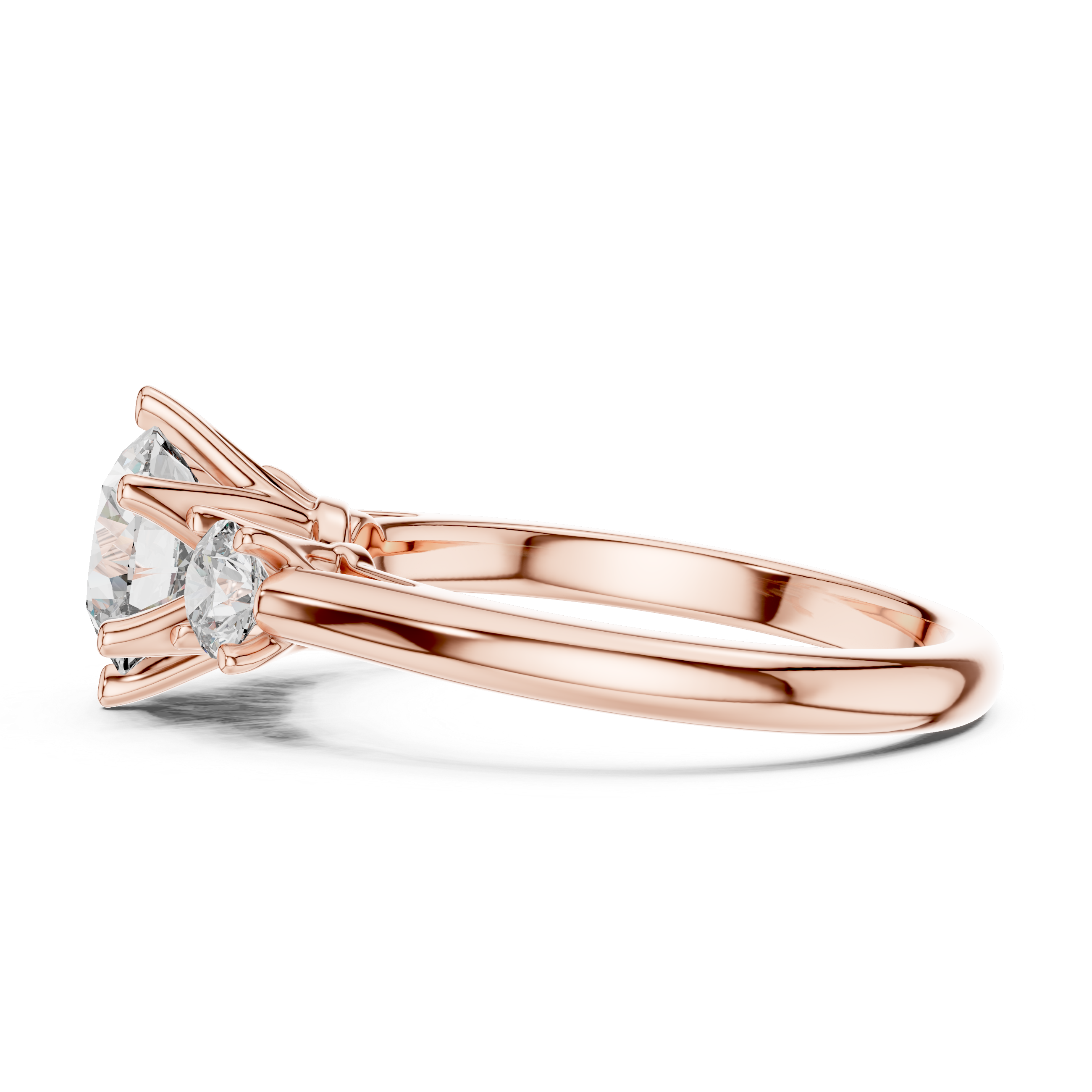 Rose gold ring with two diamonds on a white background