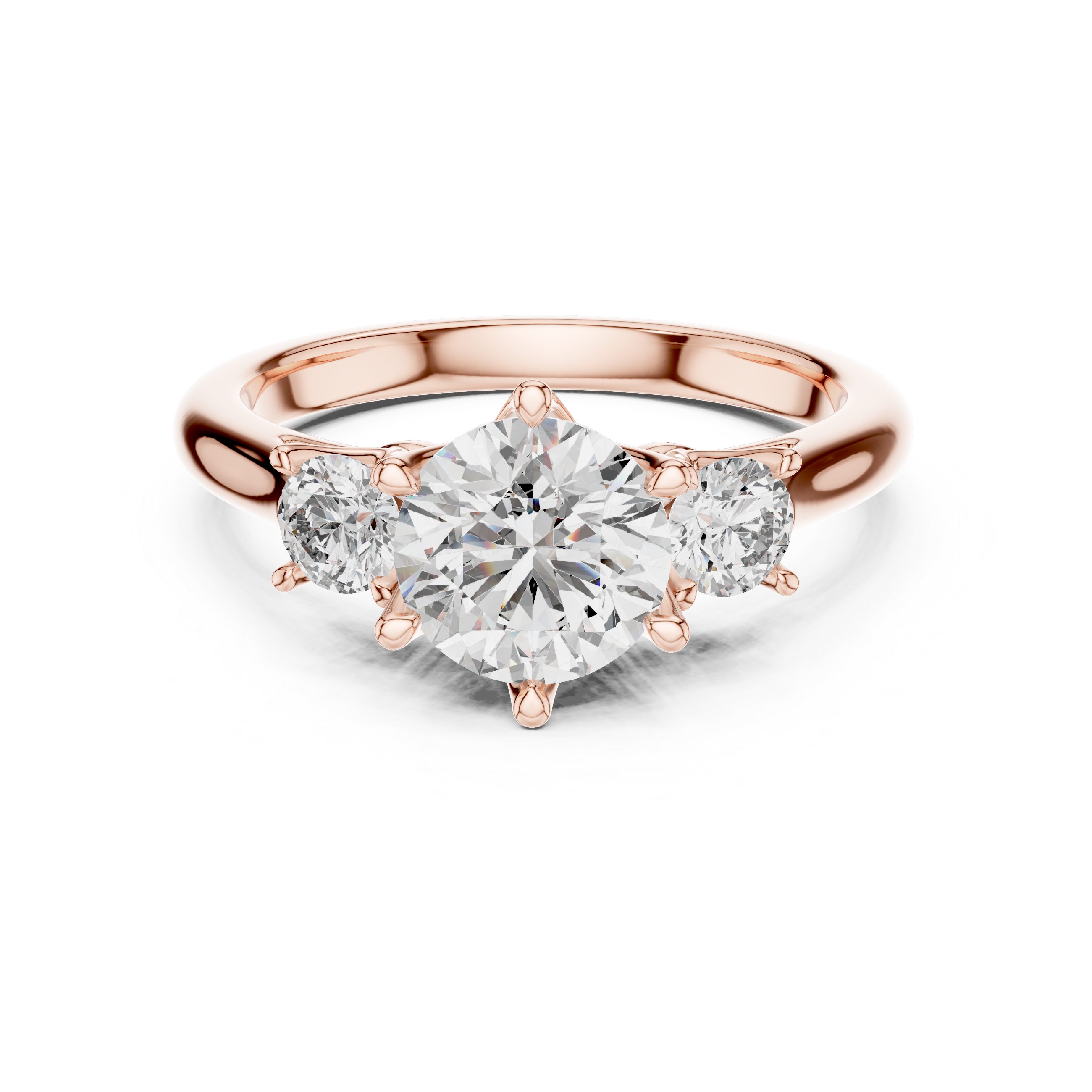Rose gold ring with a large diamond and two smaller diamonds on a white background
