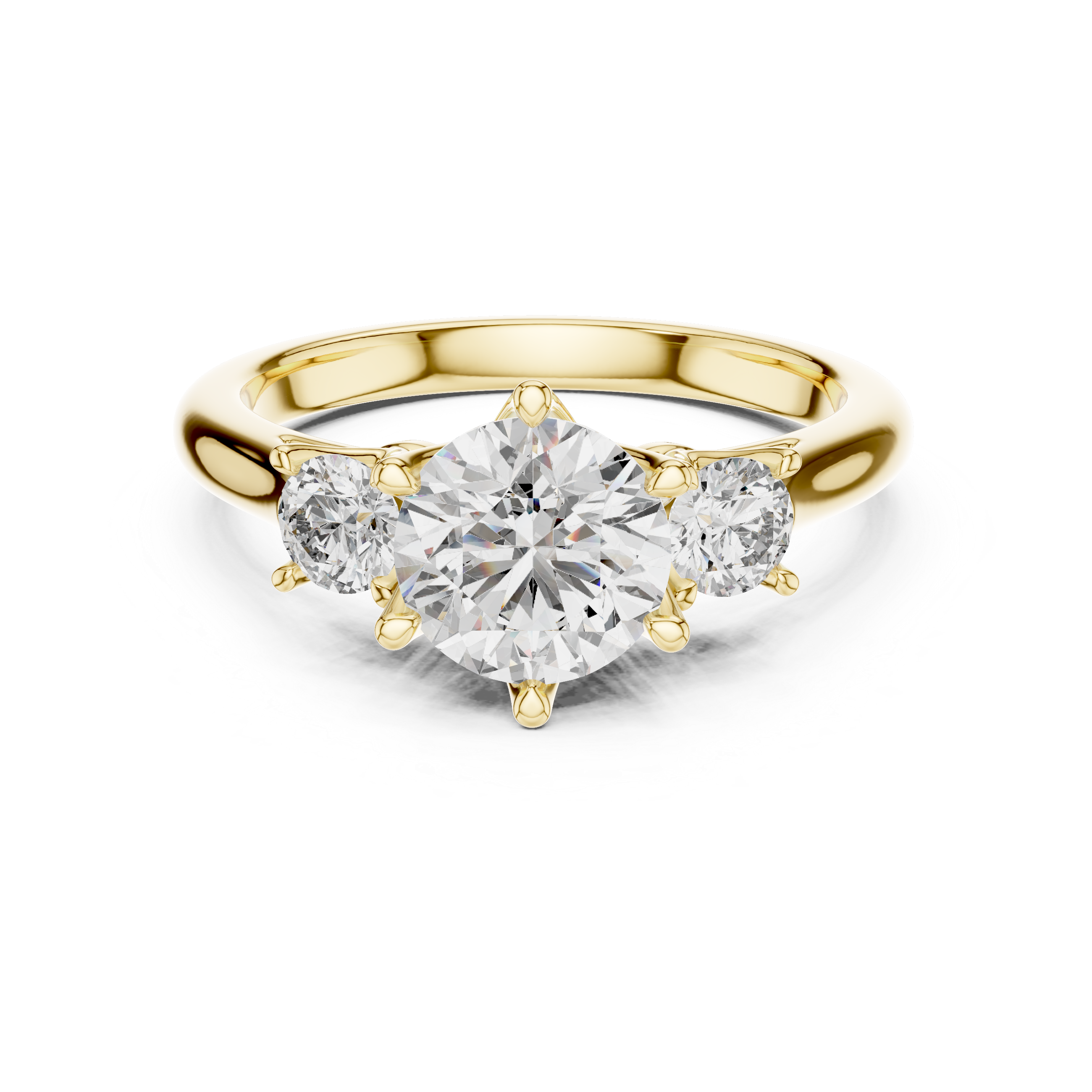 Gold ring with a large diamond and three smaller diamonds on a white background