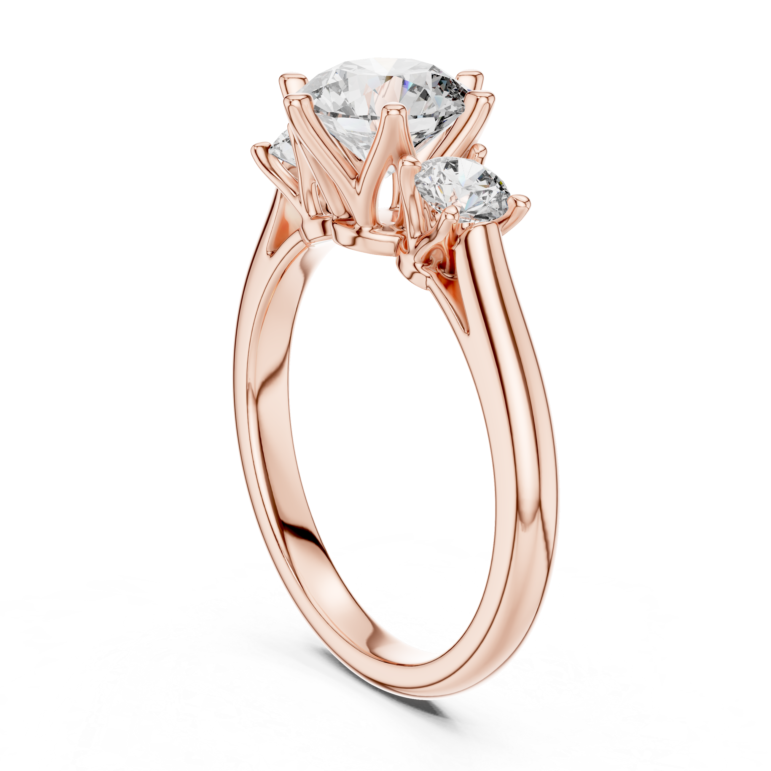 Rose gold ring with a diamond on a white background