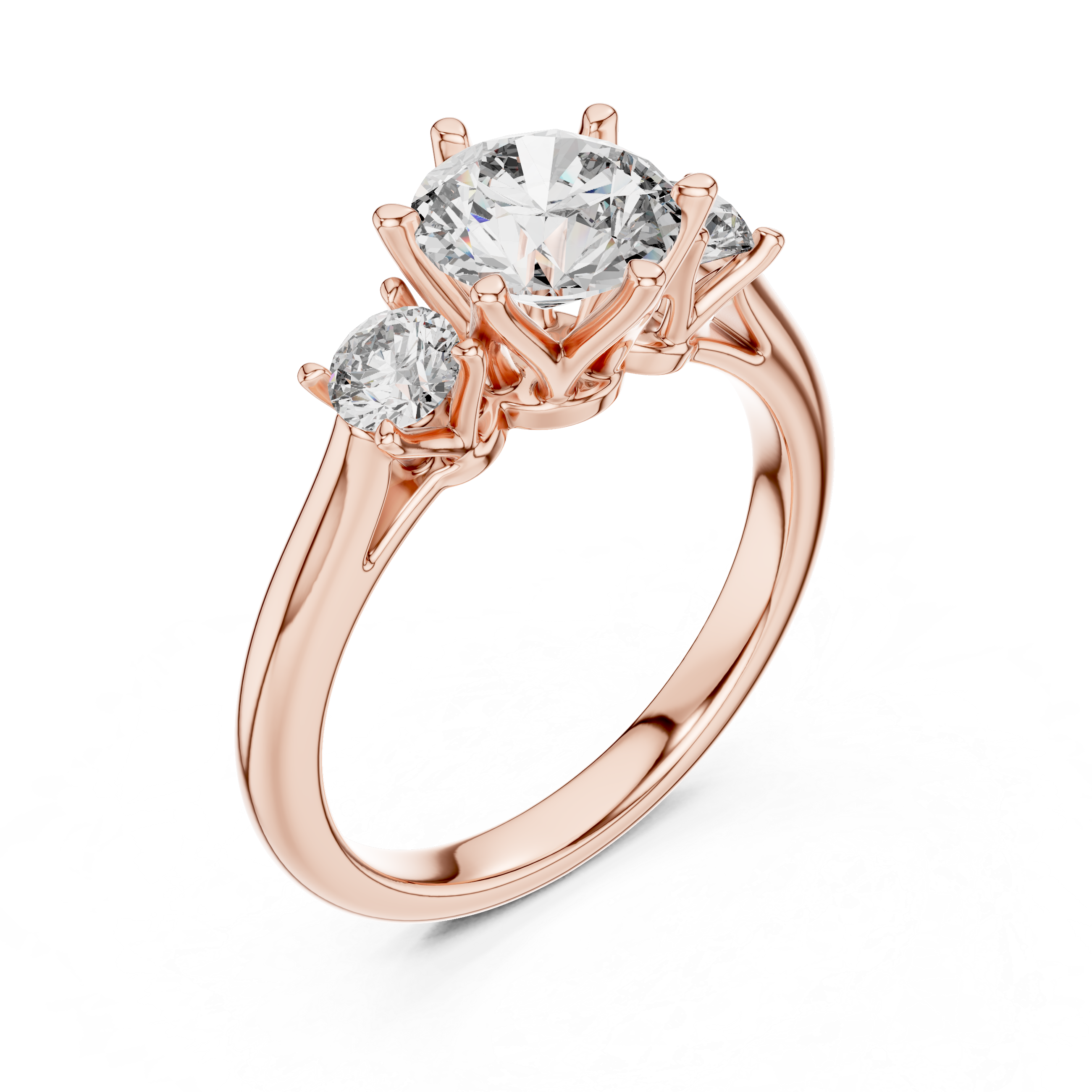 Rose gold ring with three diamonds on a white background