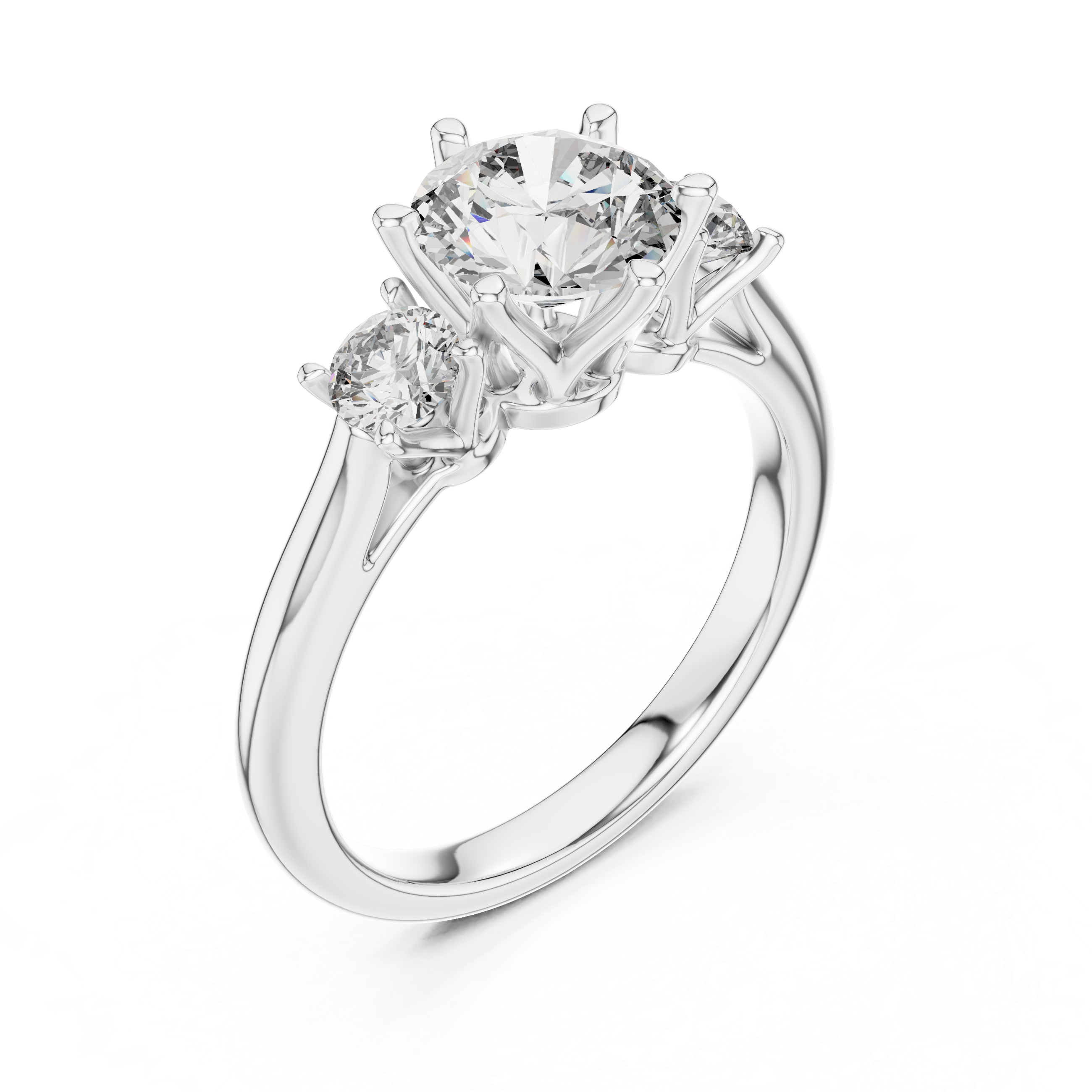Diamond ring with three stones on a white background
