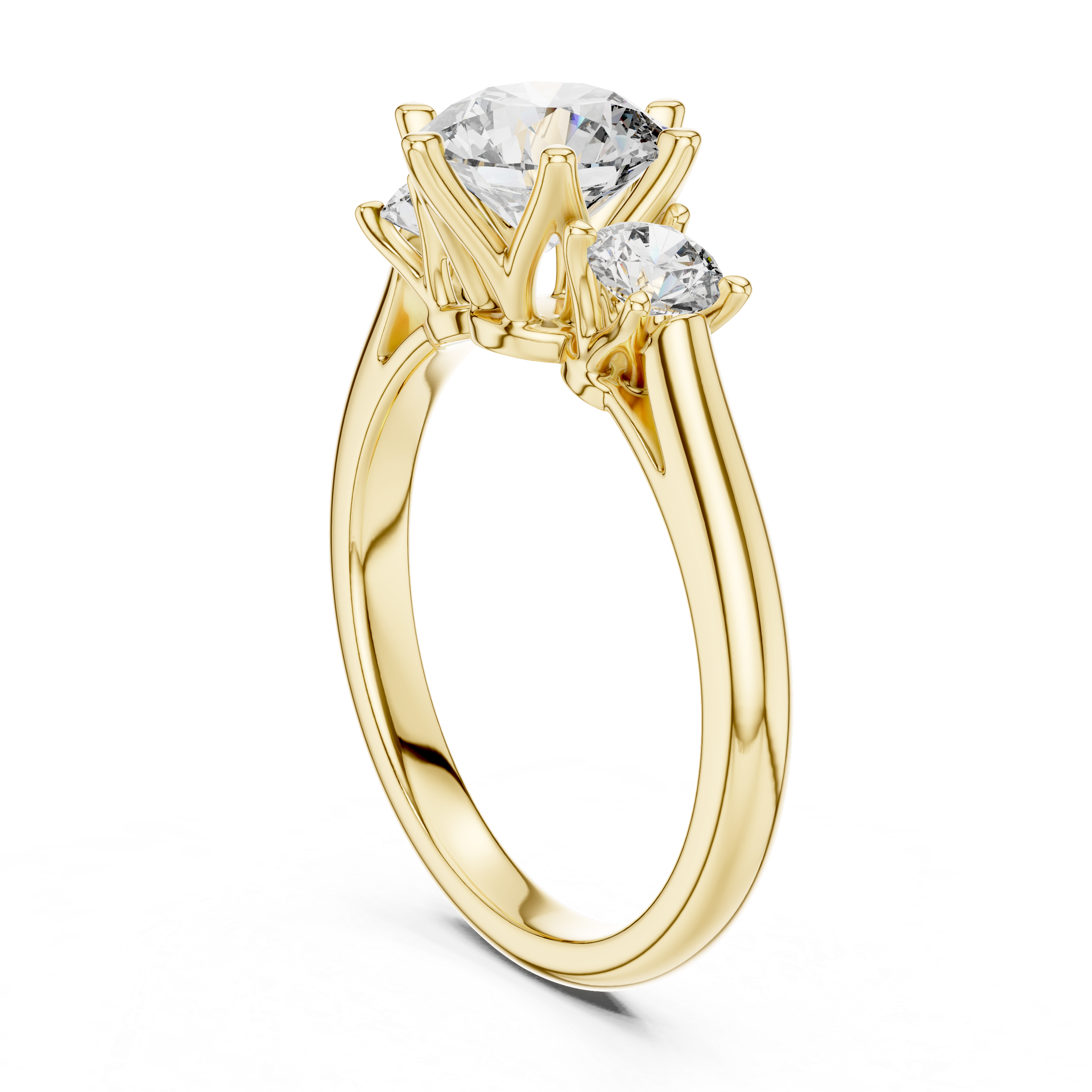 Gold ring with a central diamond and two smaller diamonds on a white background