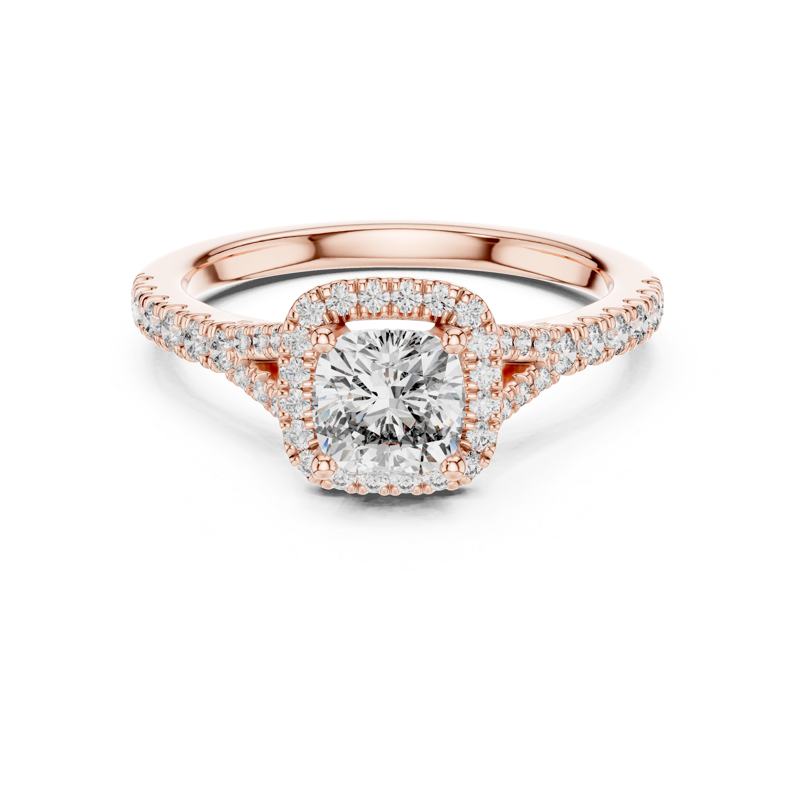 Rose gold ring with a diamond on a white background