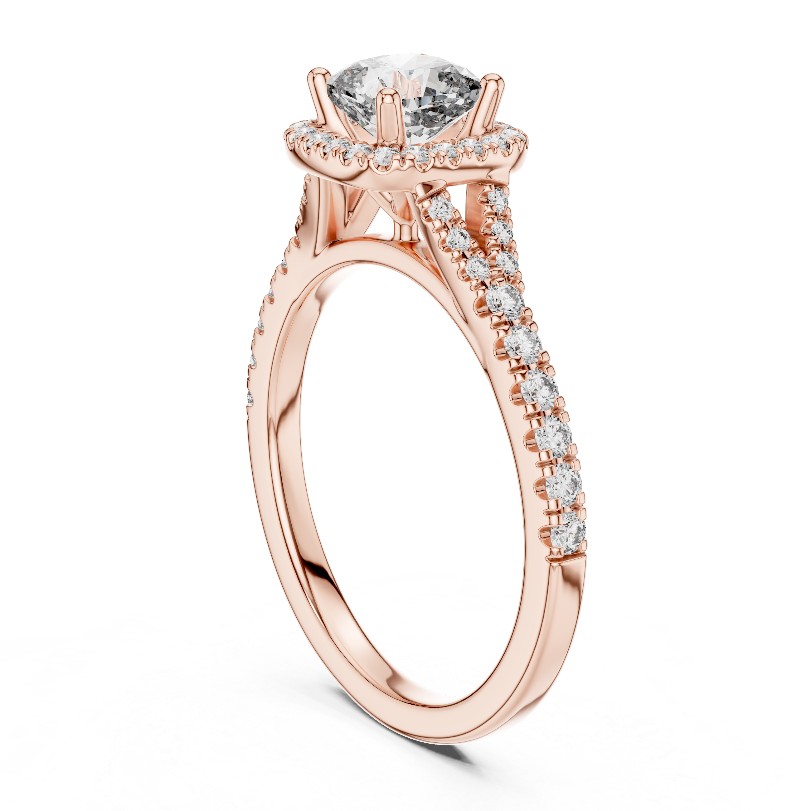 Rose gold ring with a large diamond and smaller diamonds on the band against a white background