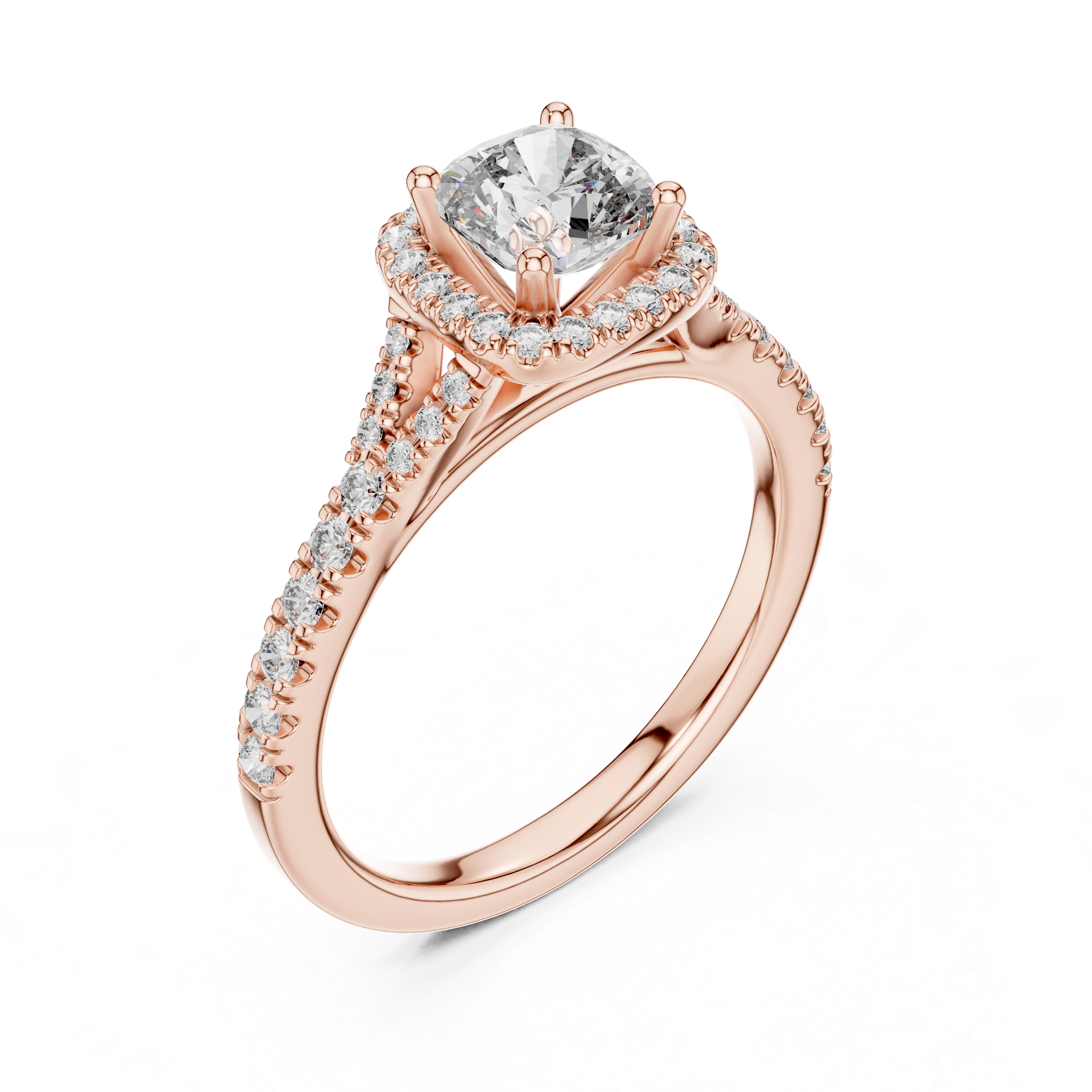Rose gold ring with a large diamond and smaller diamonds on a white background