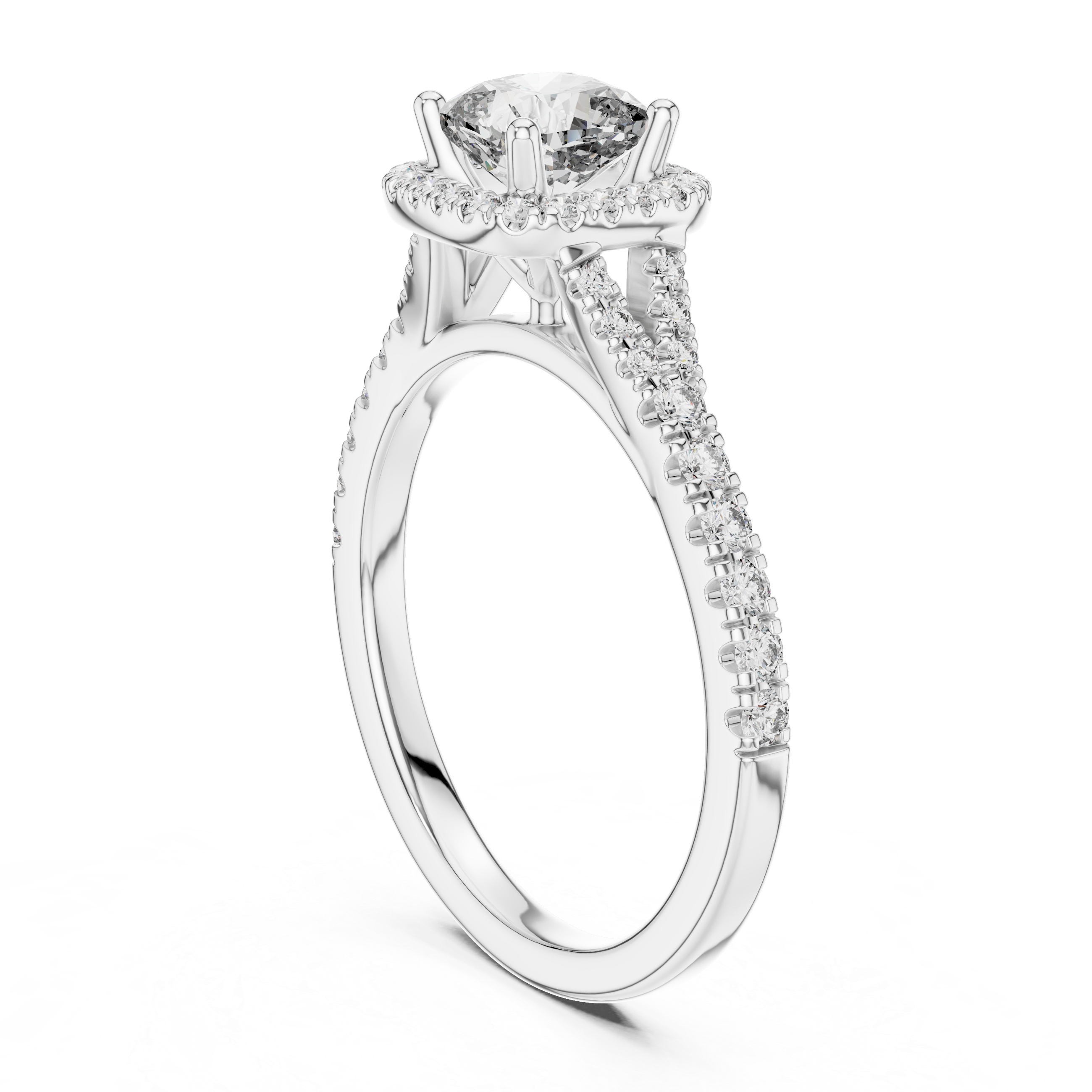 Diamond ring with a central gemstone and smaller diamonds on a white background