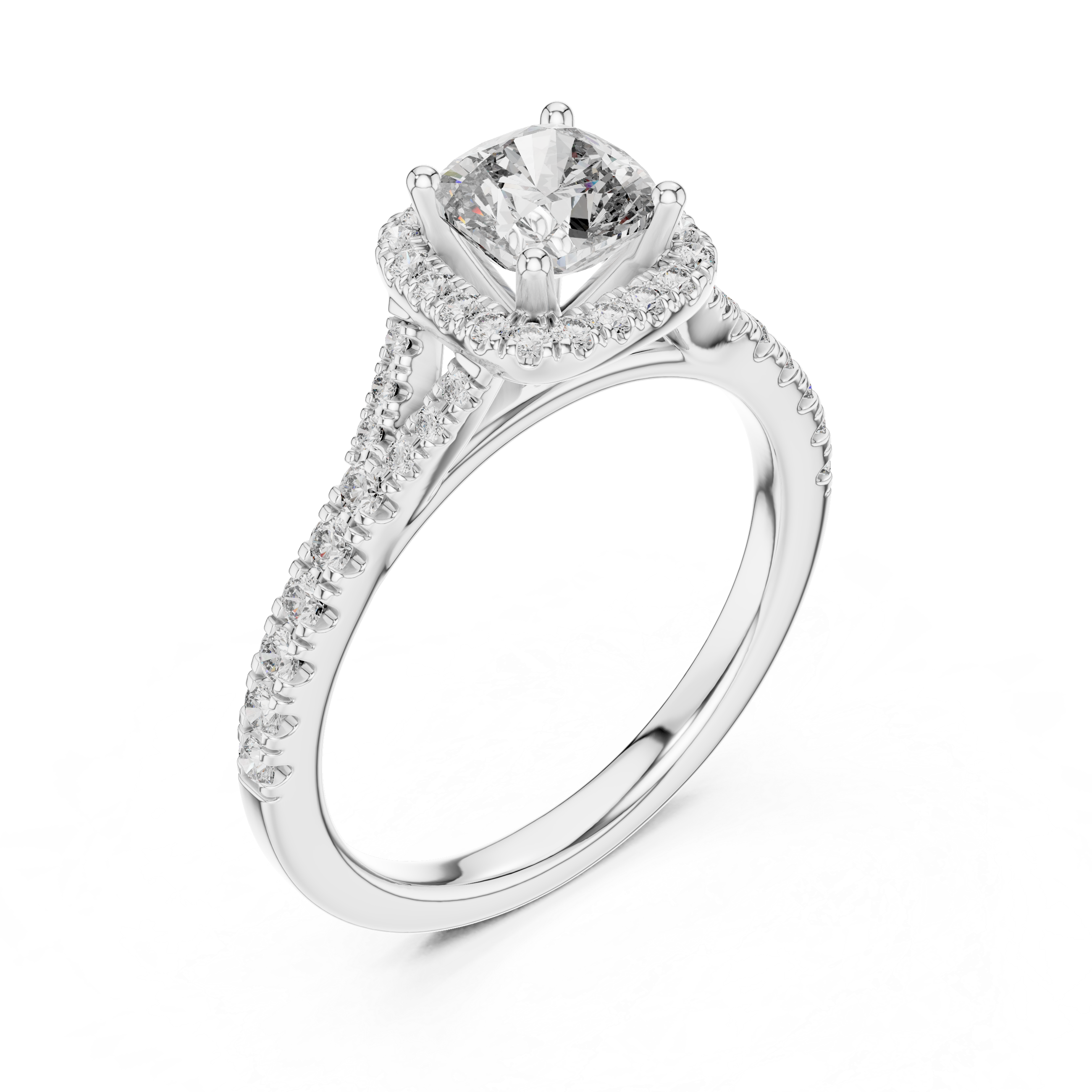 Diamond ring with a central gemstone and smaller diamonds on a white background