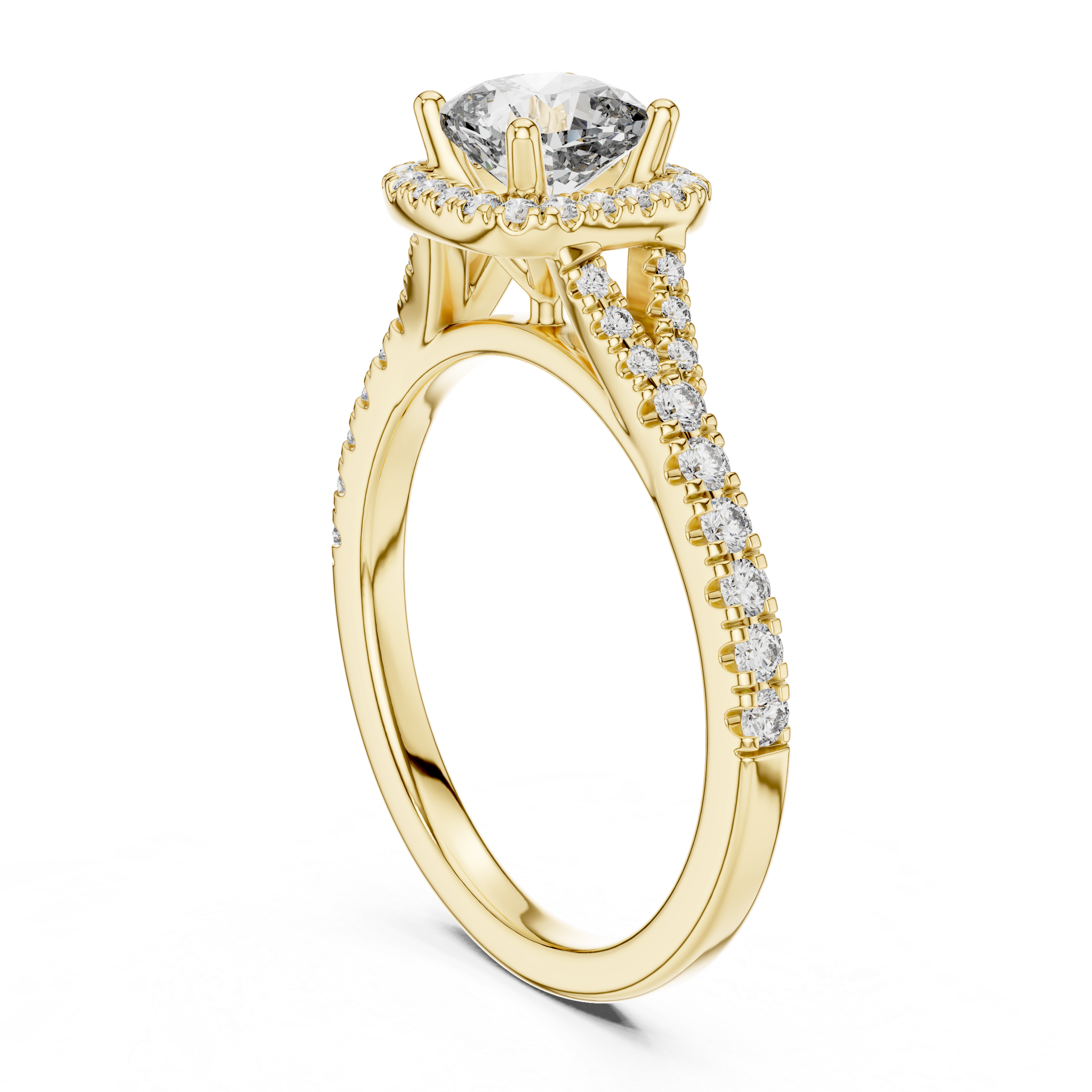 Gold ring with a diamond on a white background