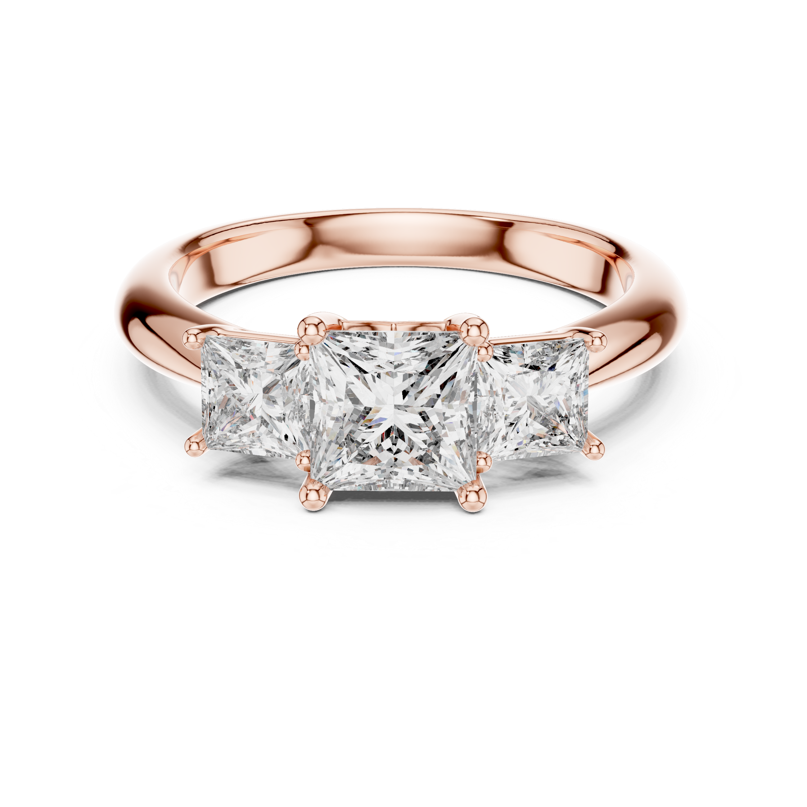 Rose gold ring with three diamond stones on a white background