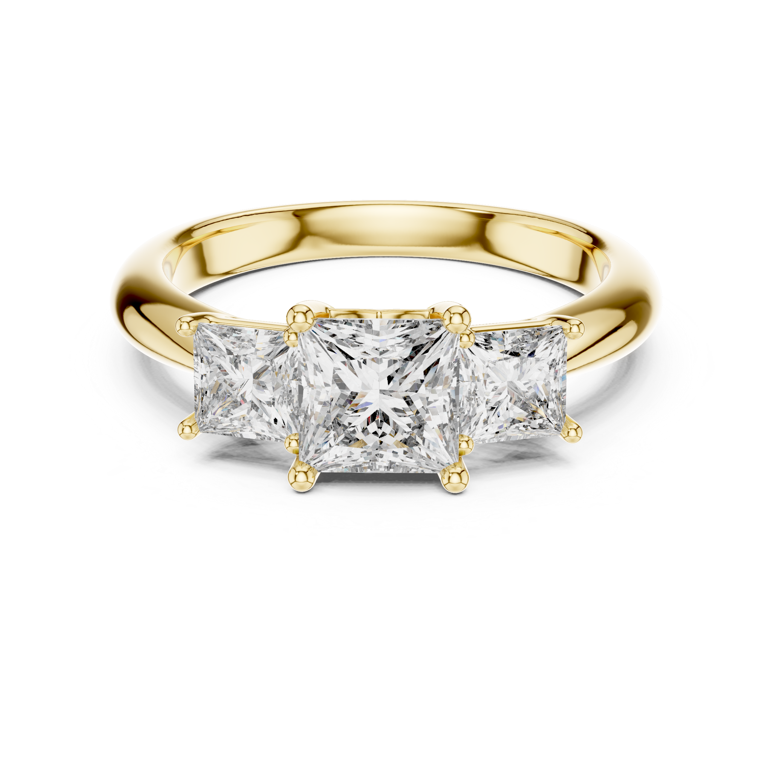 Gold ring with three diamond stones on a white background