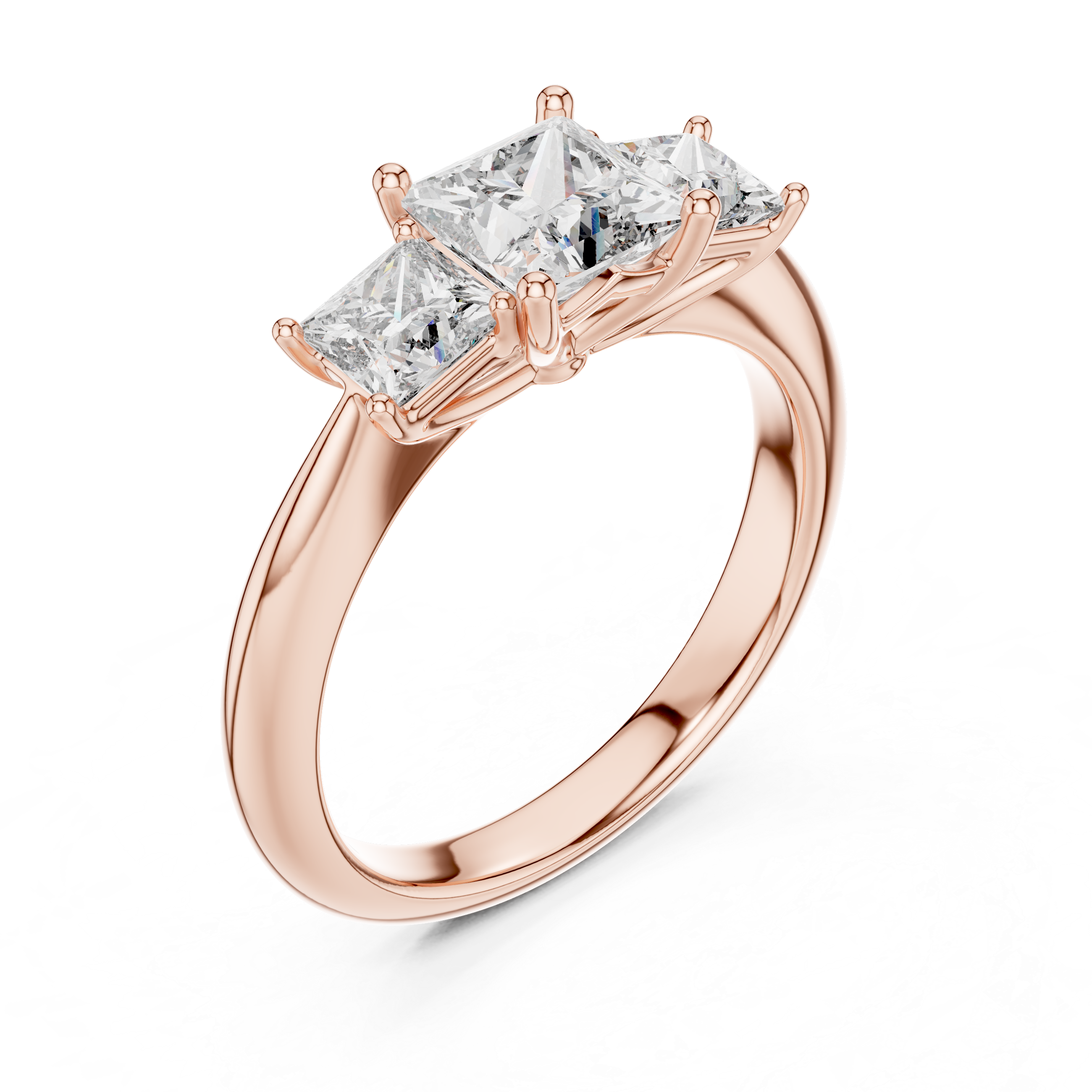 Rose gold ring with three-pronged diamond on a white background