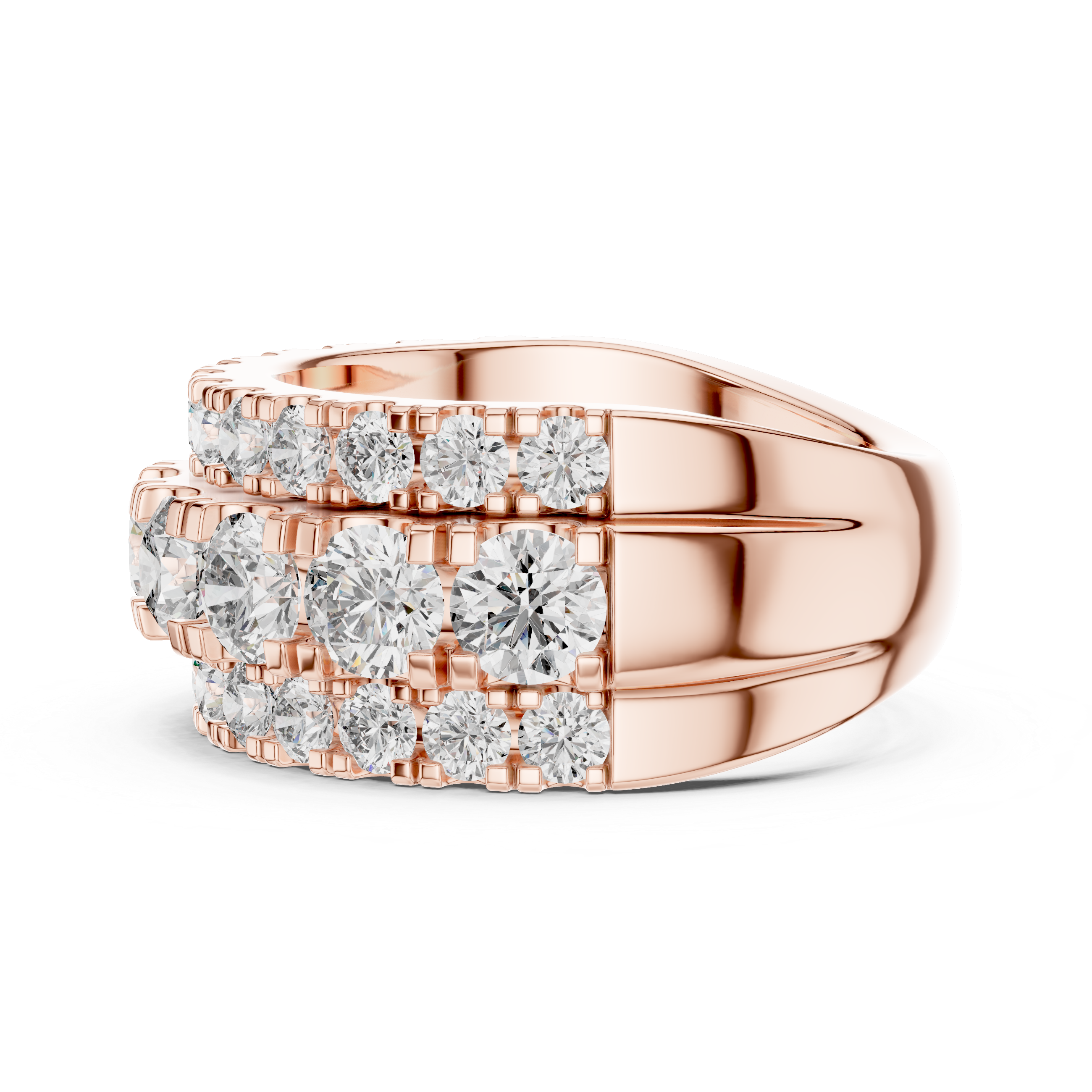 Rose gold ring with diamond accents on a white background