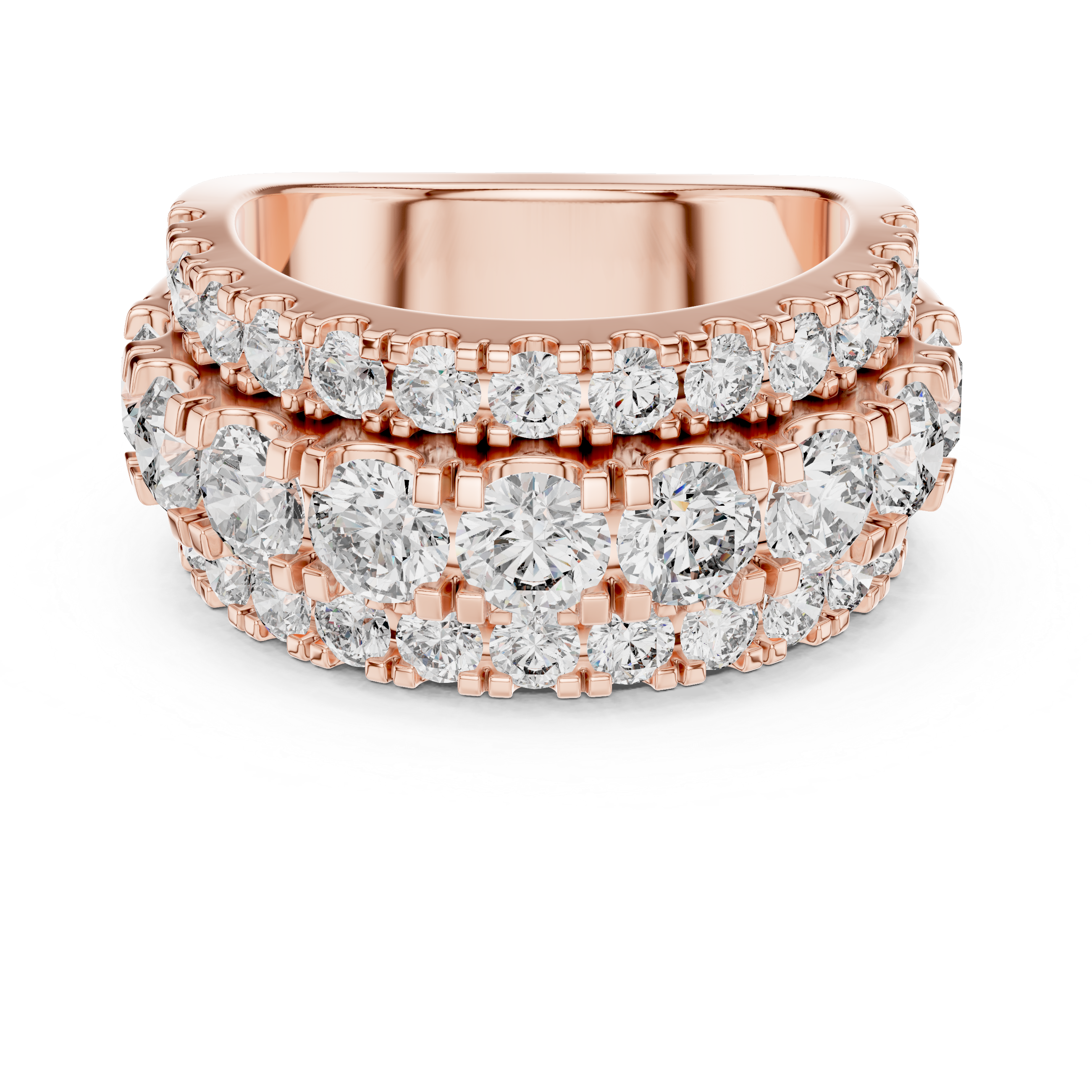 Rose gold ring with diamond accents on a white background