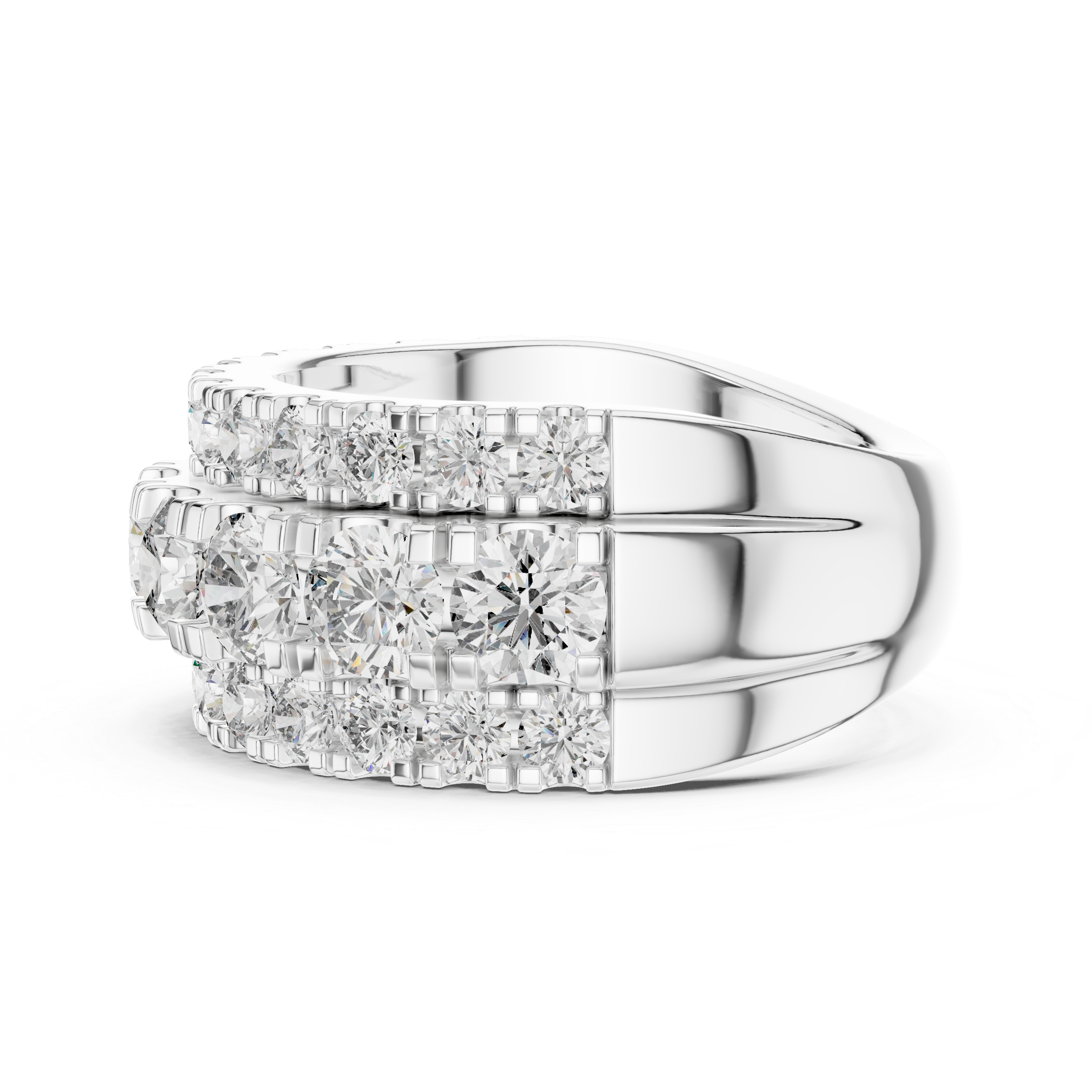 Silver ring with diamond accents on a white background
