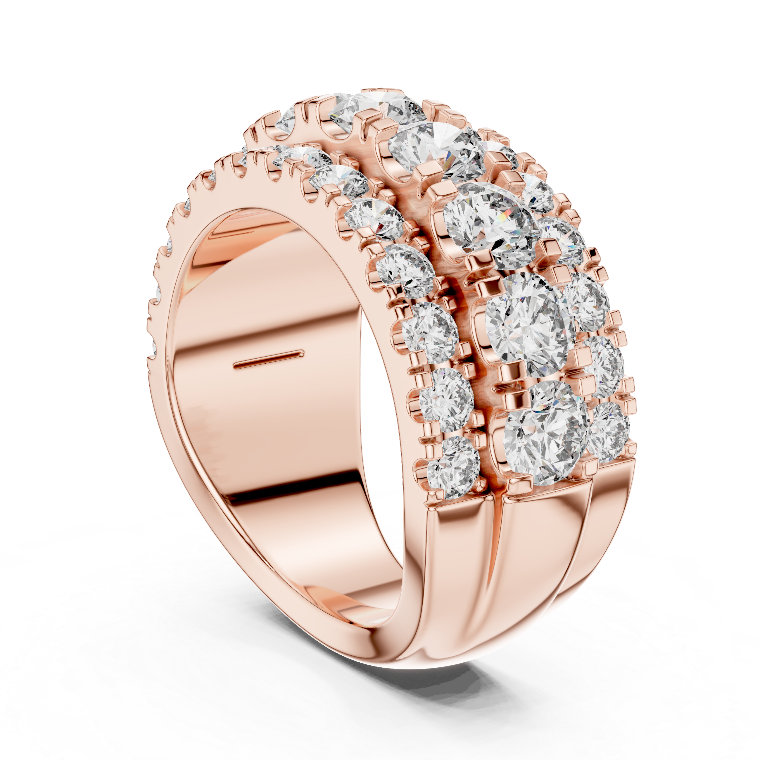 Rose gold ring with diamond accents on a white background