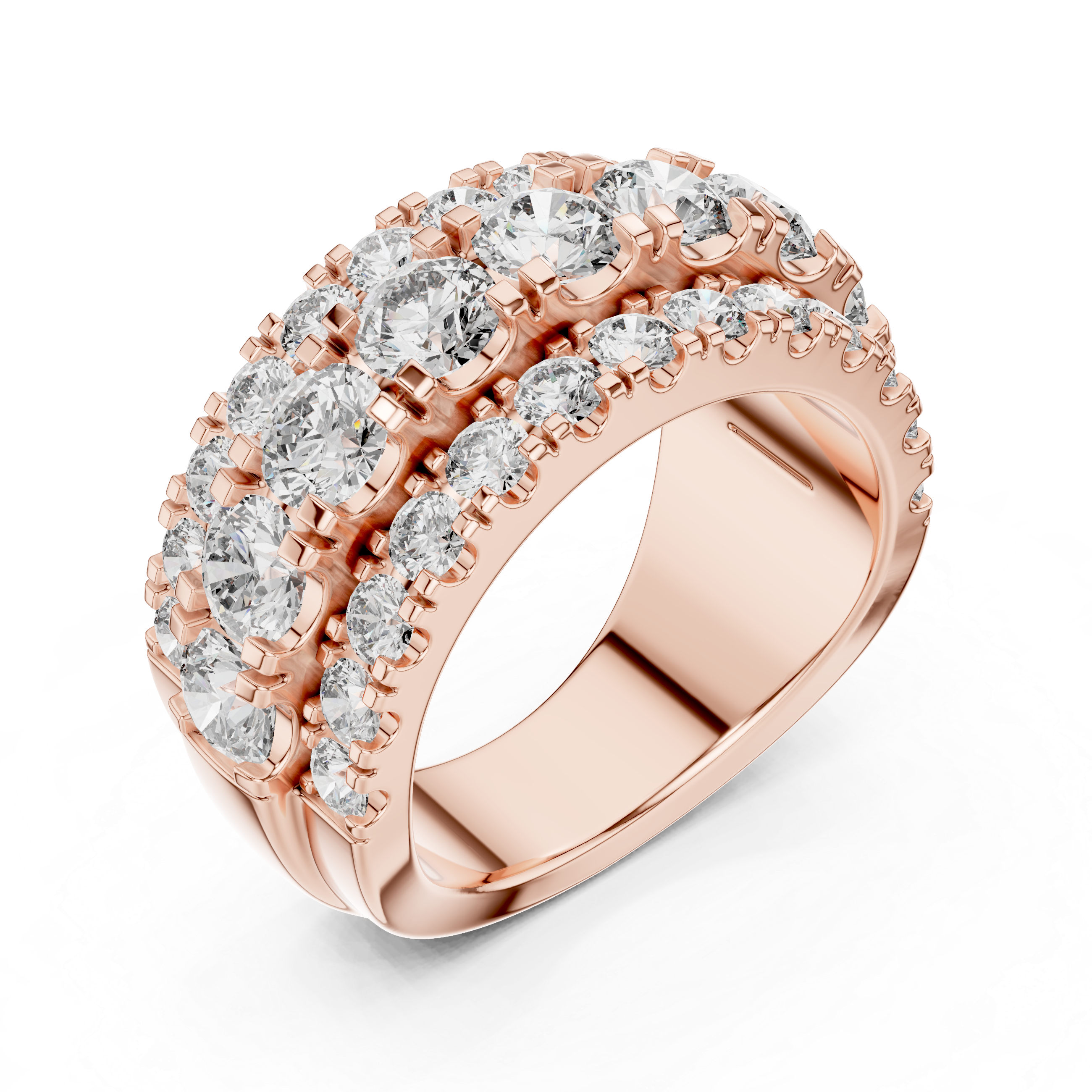 Rose gold ring with diamonds on a white background