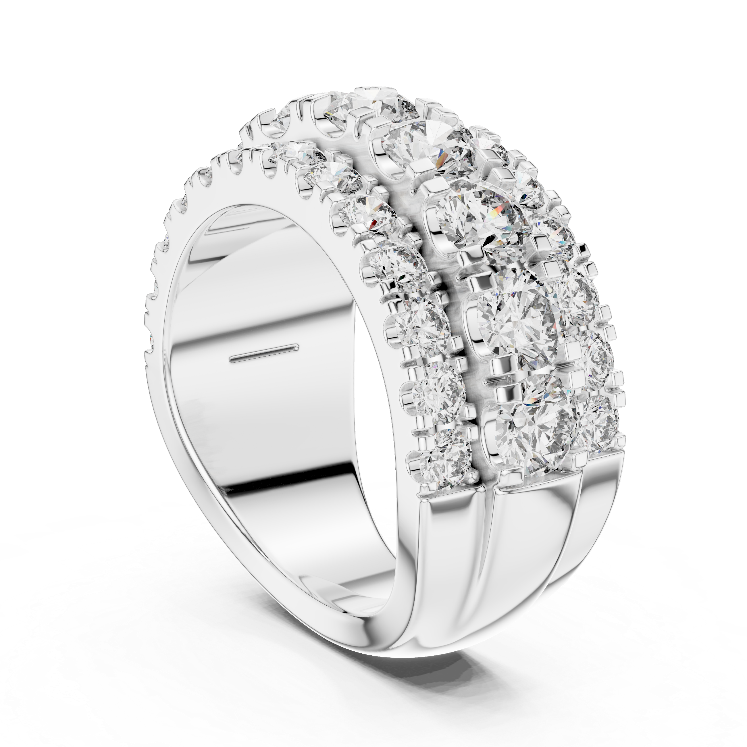 Silver ring with diamond accents on a white background