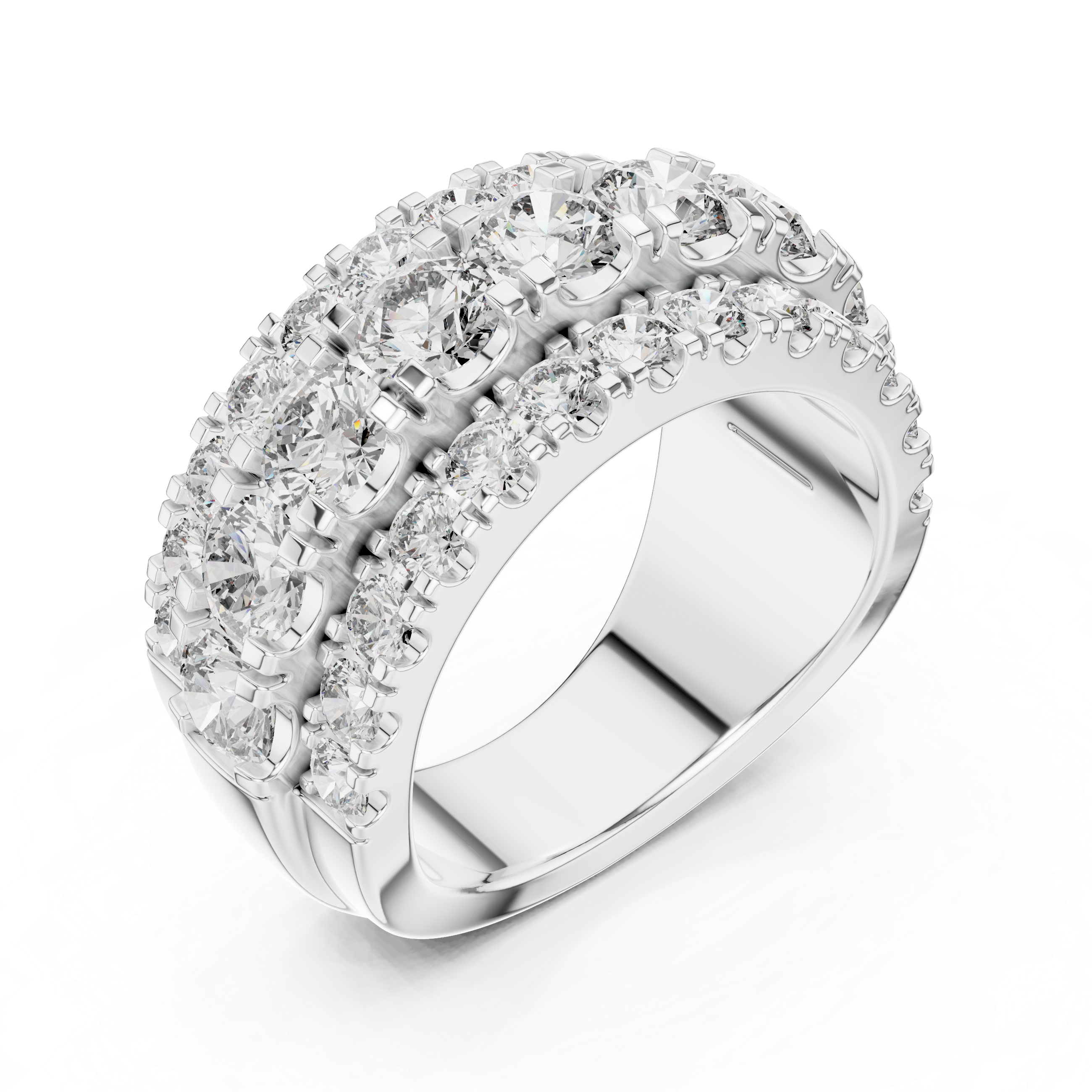 Silver ring with multiple diamond settings on a white background