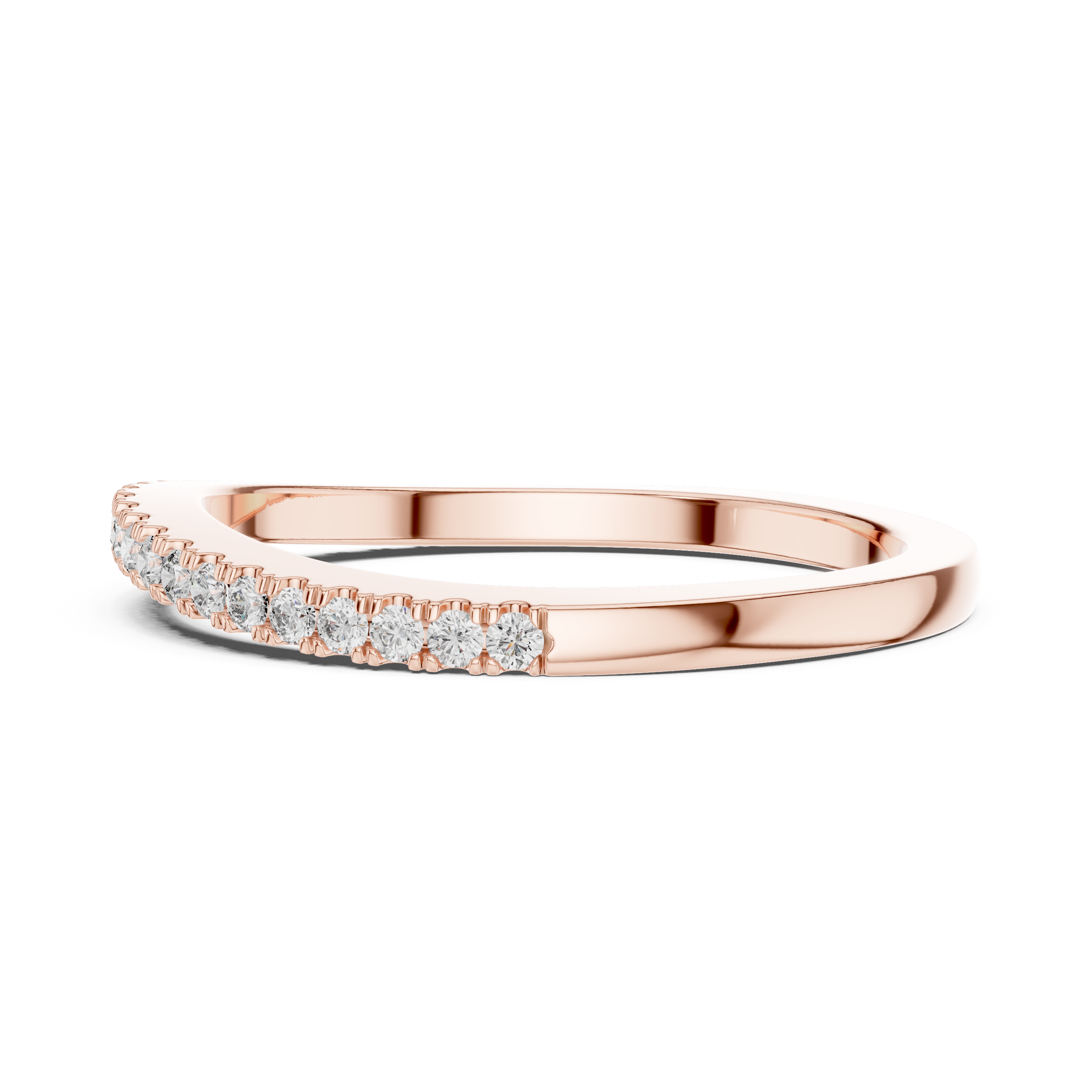 Rose gold ring with small diamonds on a white background