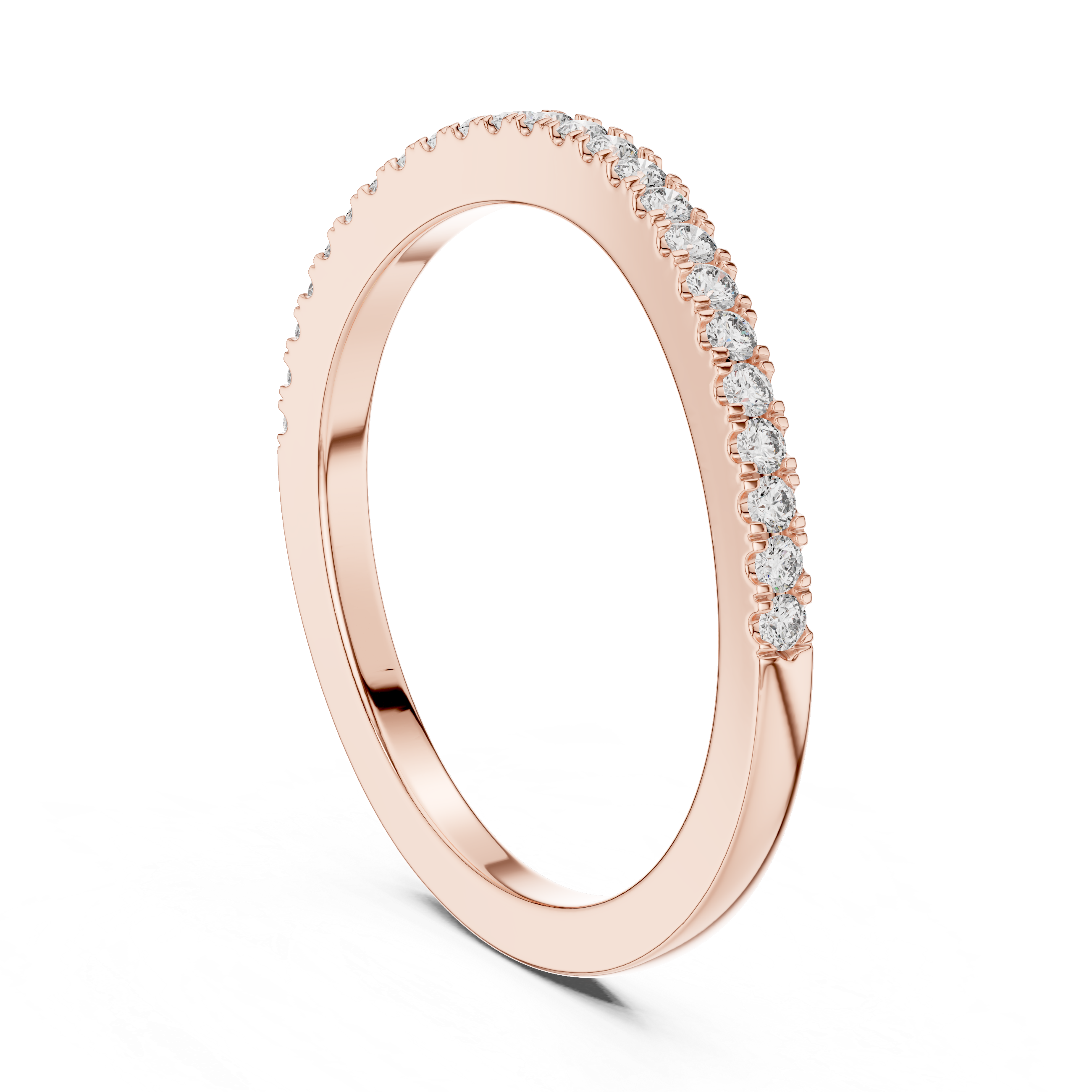 Rose gold ring with small diamonds on a white background
