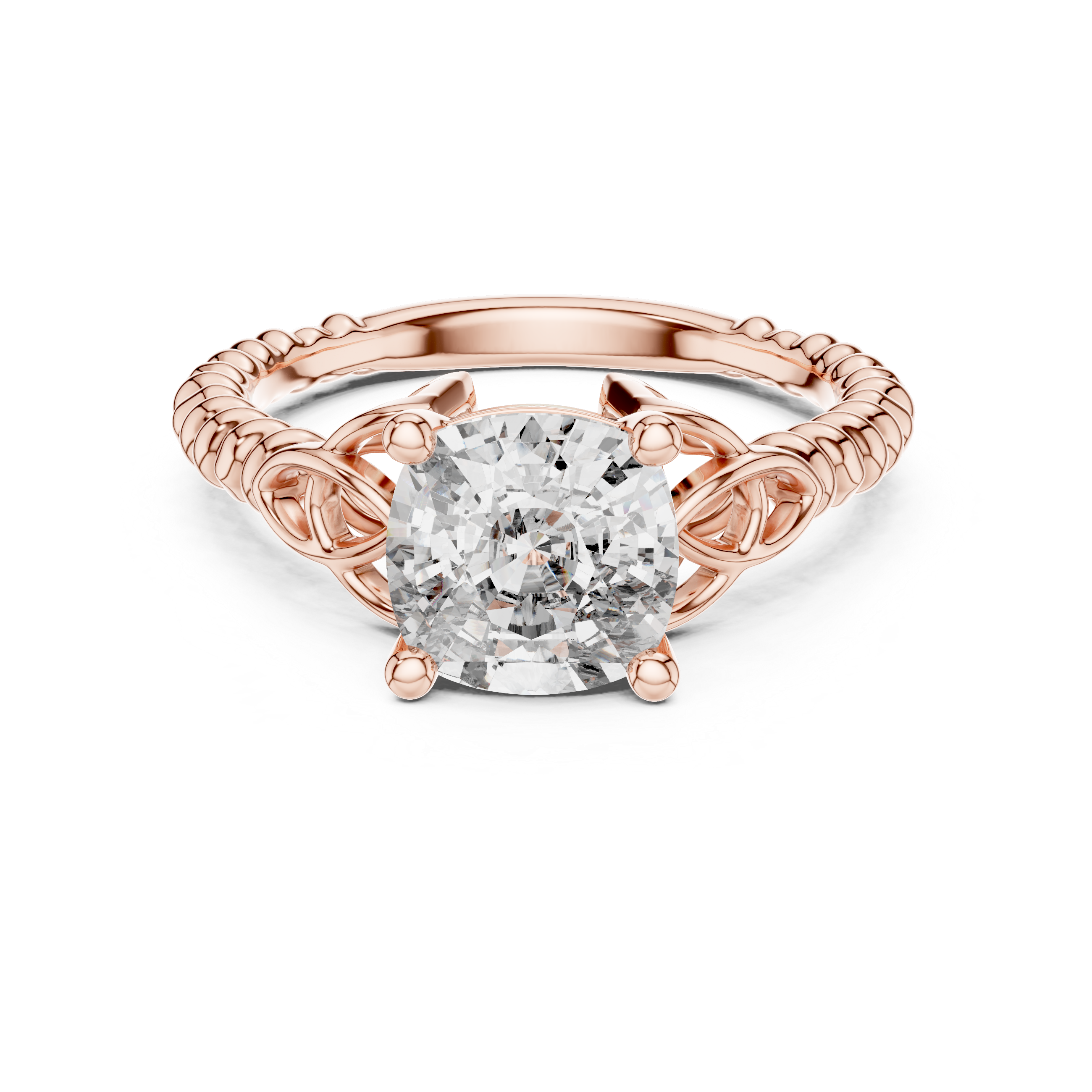 Rose gold ring with a large diamond on a white background
