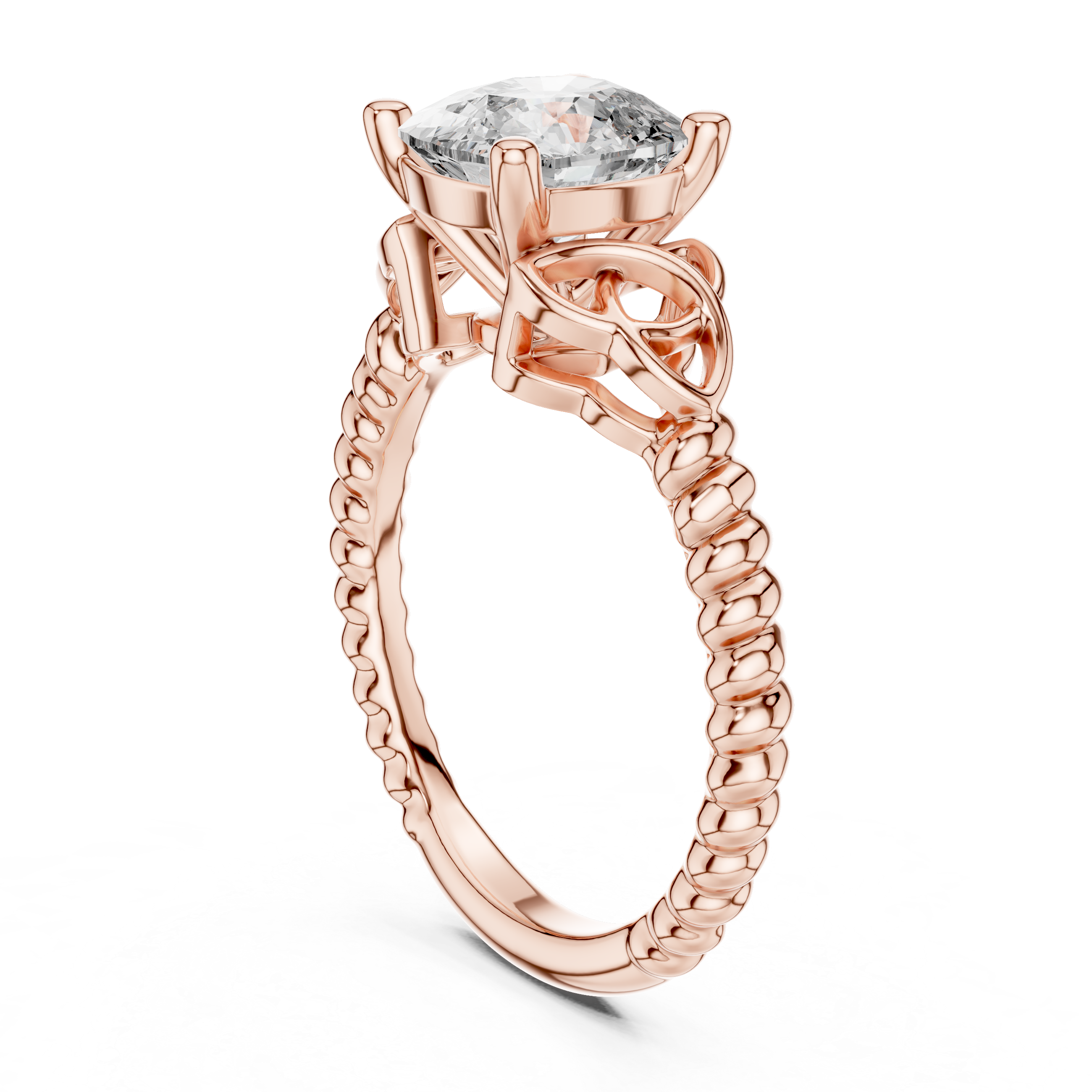 Rose gold ring with a large diamond on a white background