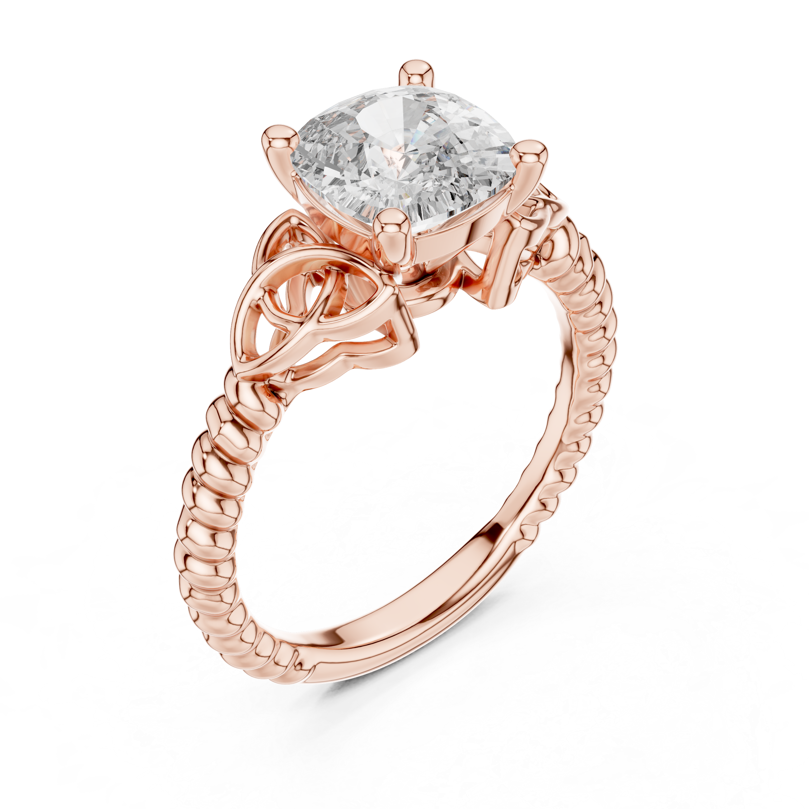 Rose gold ring with a large diamond on a white background
