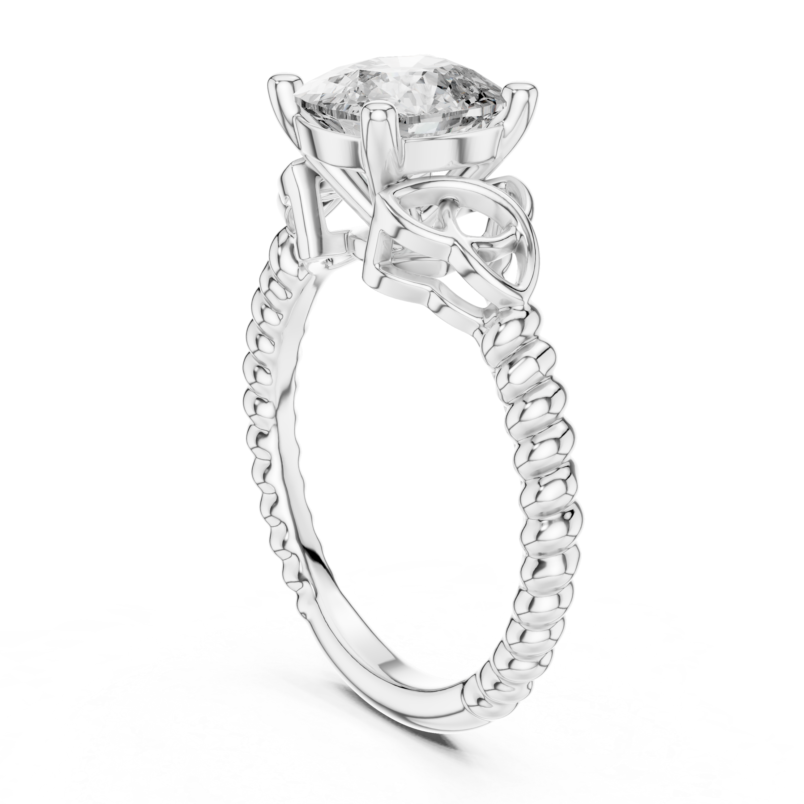 Silver ring with a large diamond on a white background