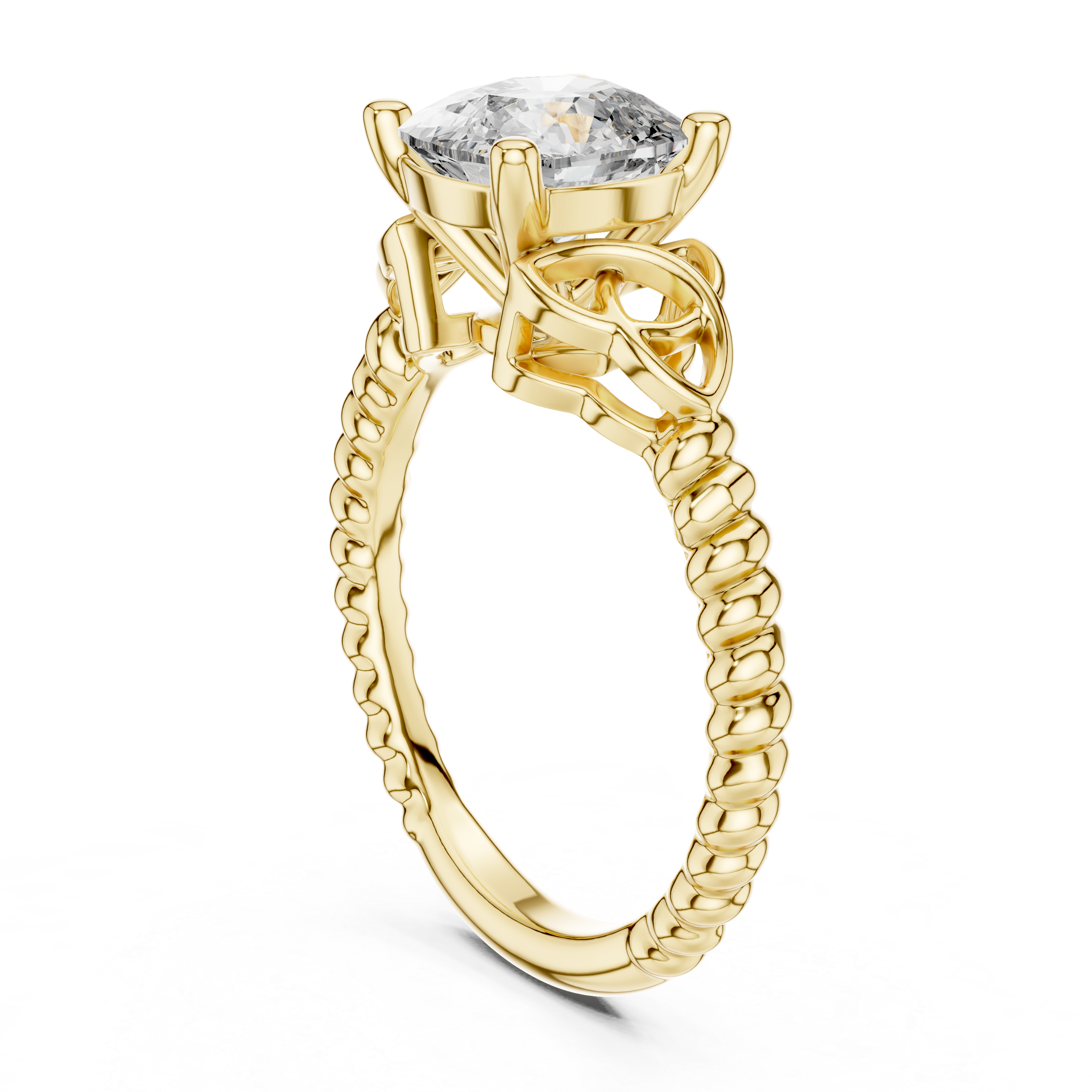 Gold ring with a large diamond on a white background