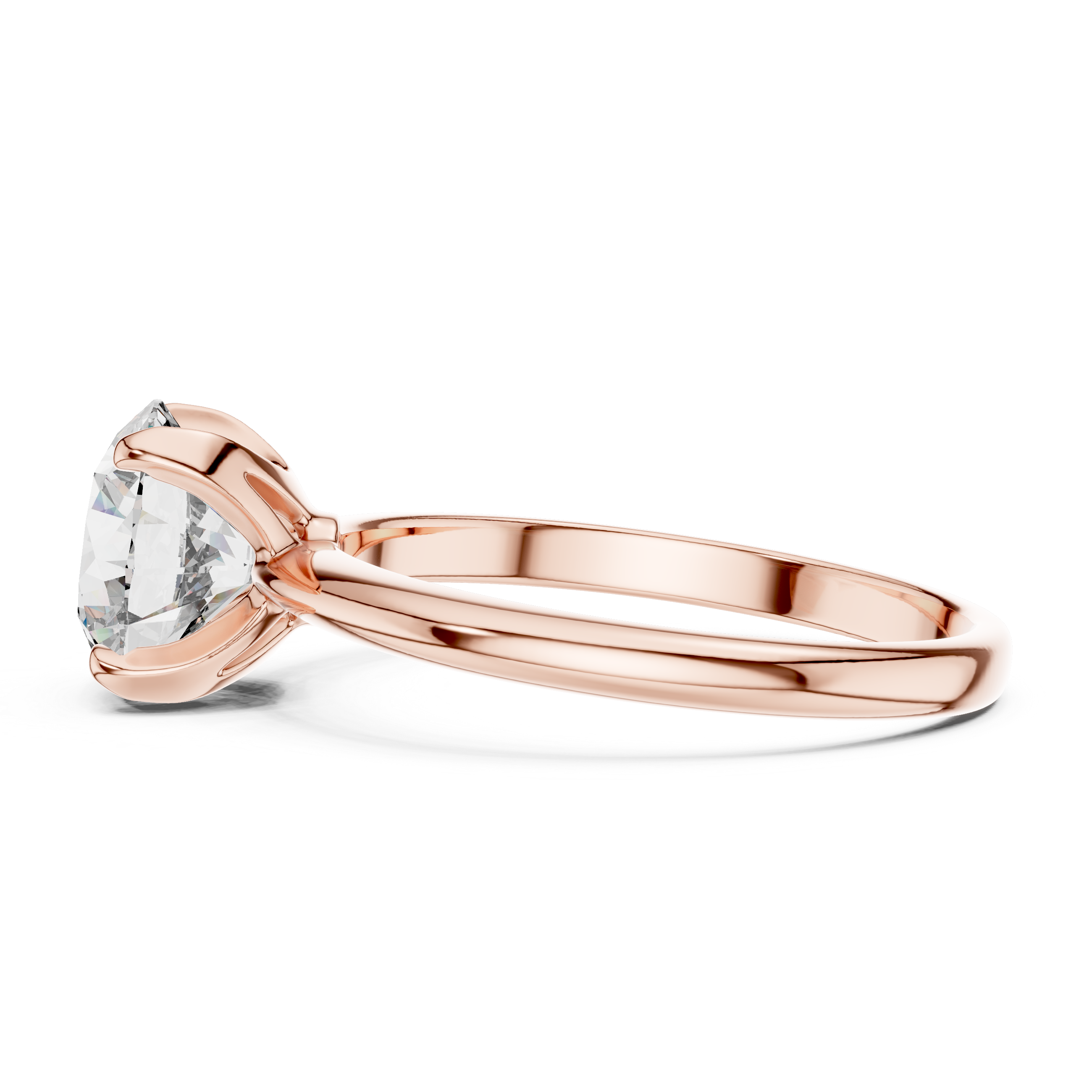 Rose gold ring with a clear gemstone on a white background