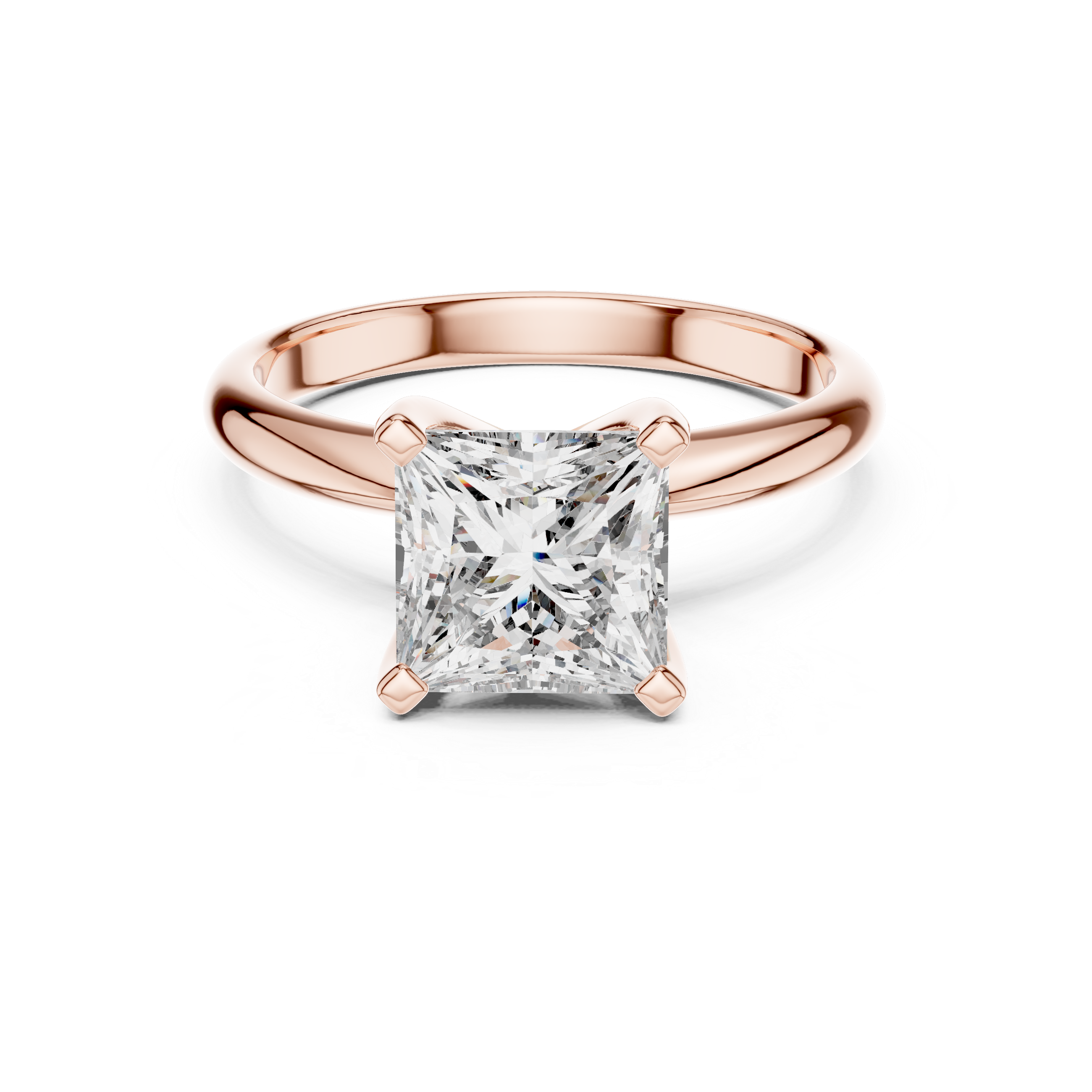 Rose gold ring with a large diamond on a white background