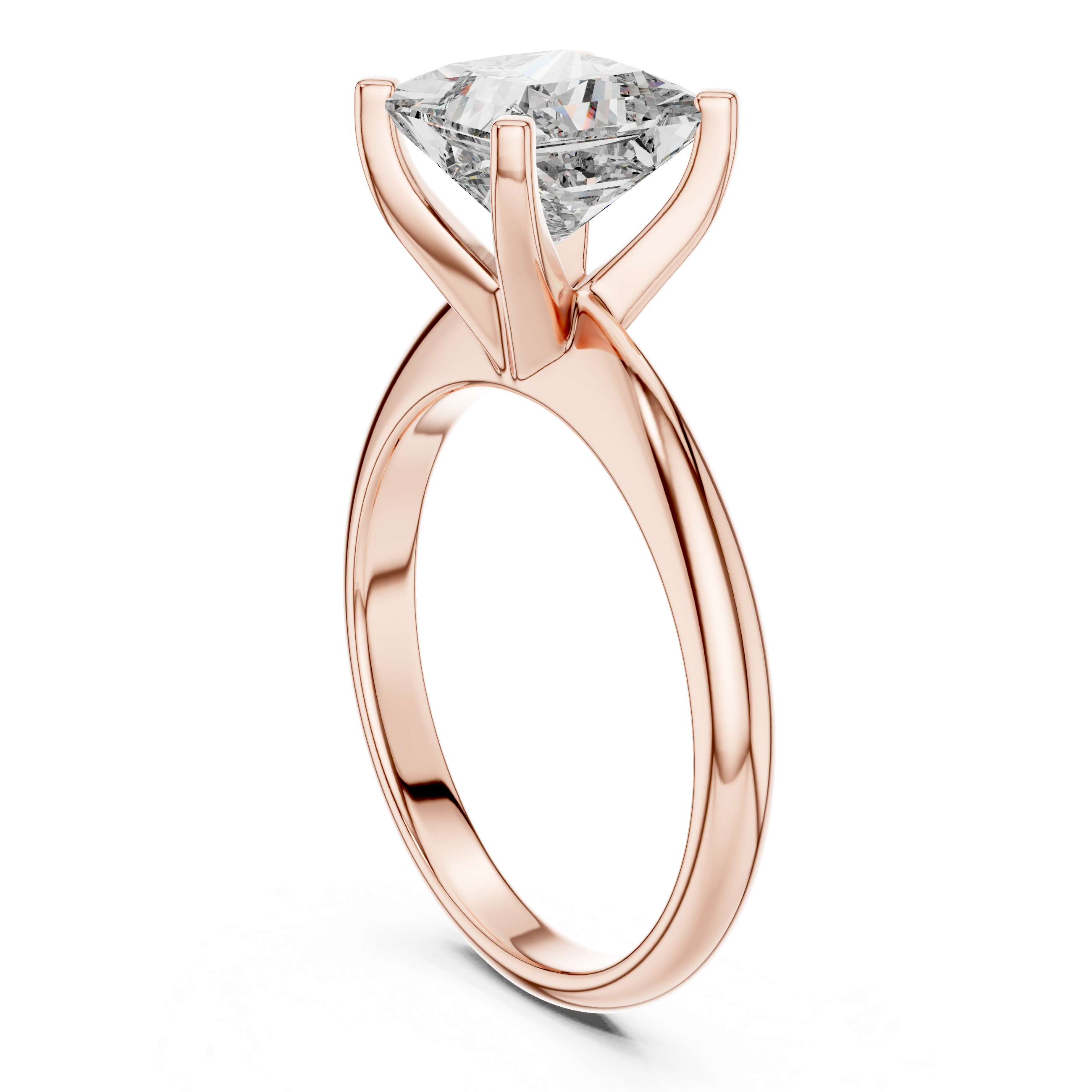 Rose gold ring with a diamond on a white background