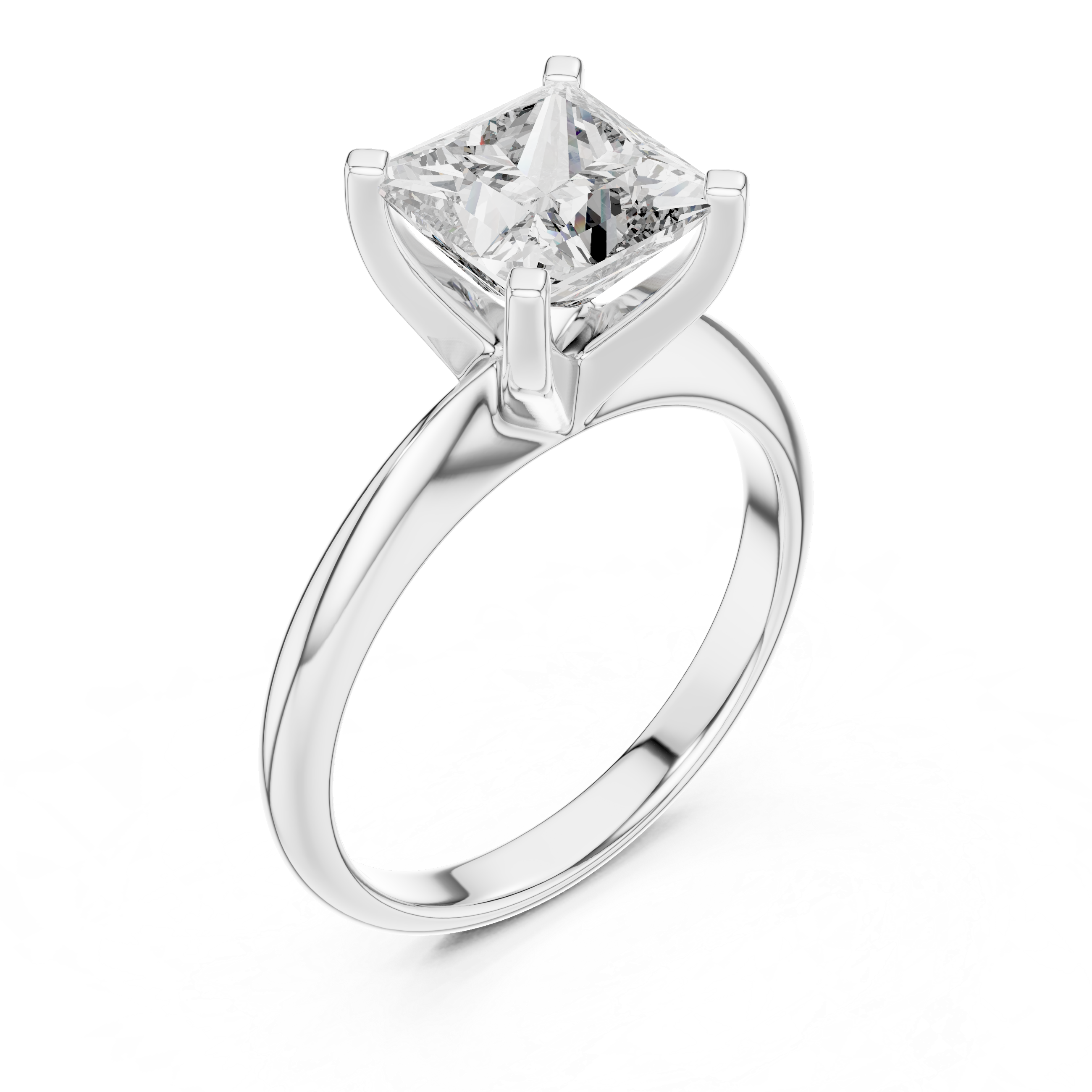 Silver ring with a large diamond on a white background