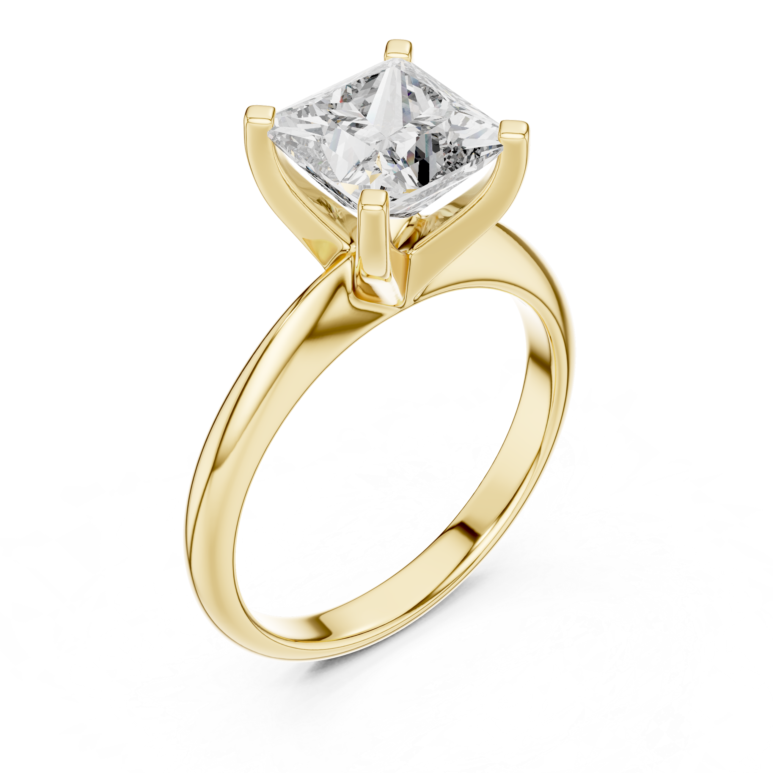 Gold ring with a large diamond on a white background
