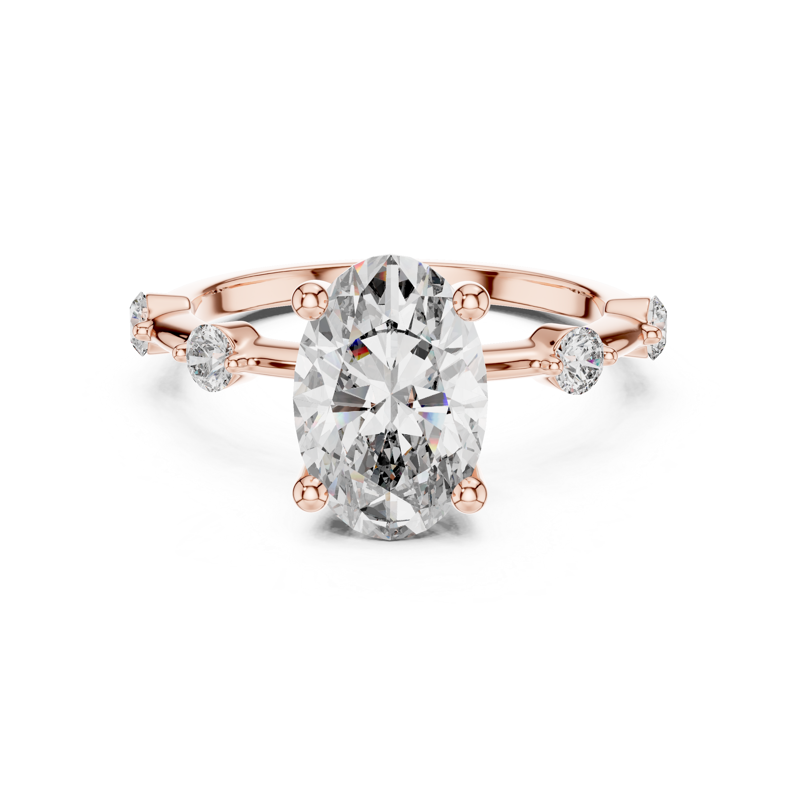 Rose gold ring with a large central diamond and smaller diamonds on a white background